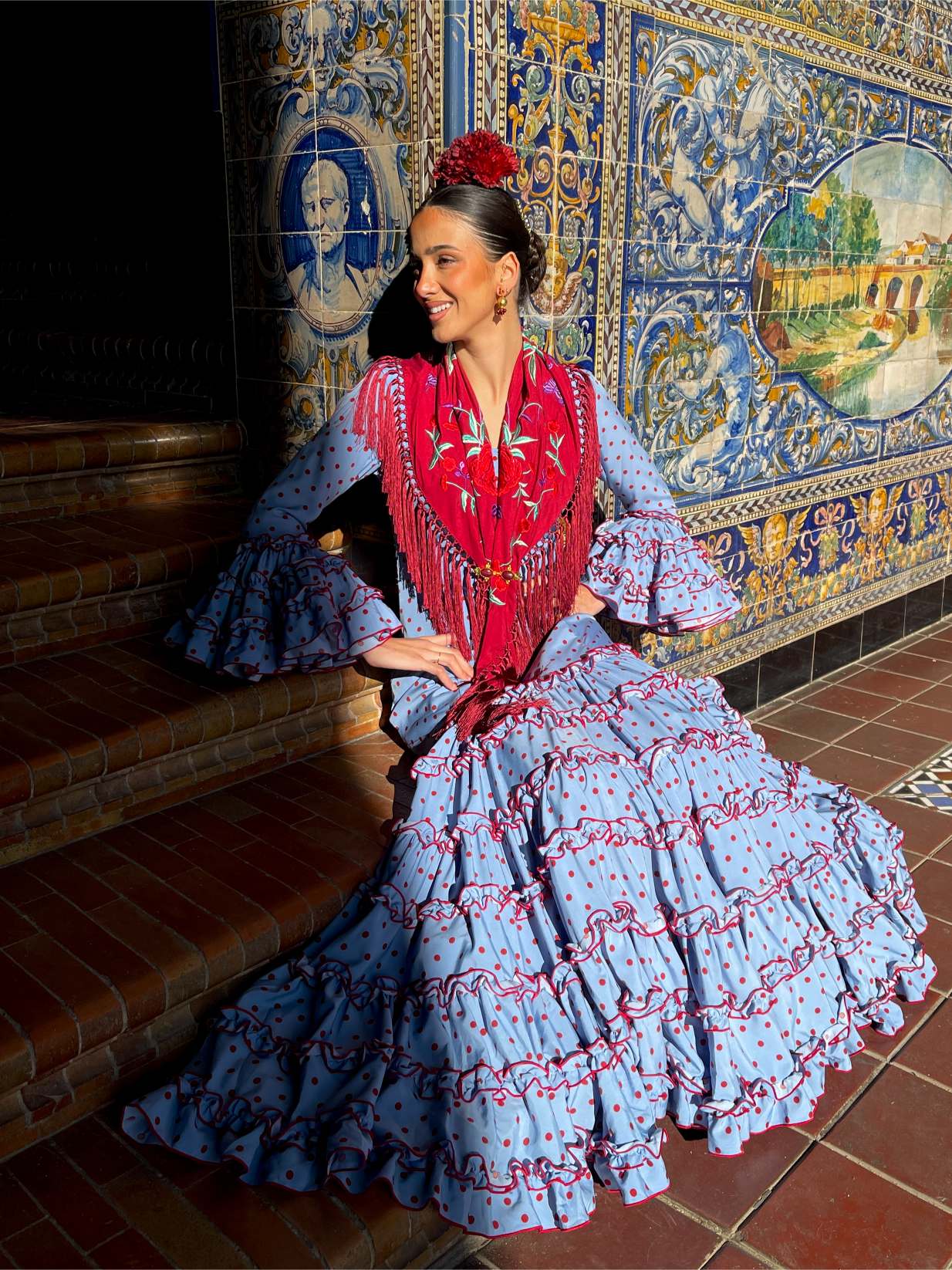 Traje de Flamenca Canastero Celeste Adorno Burdeos