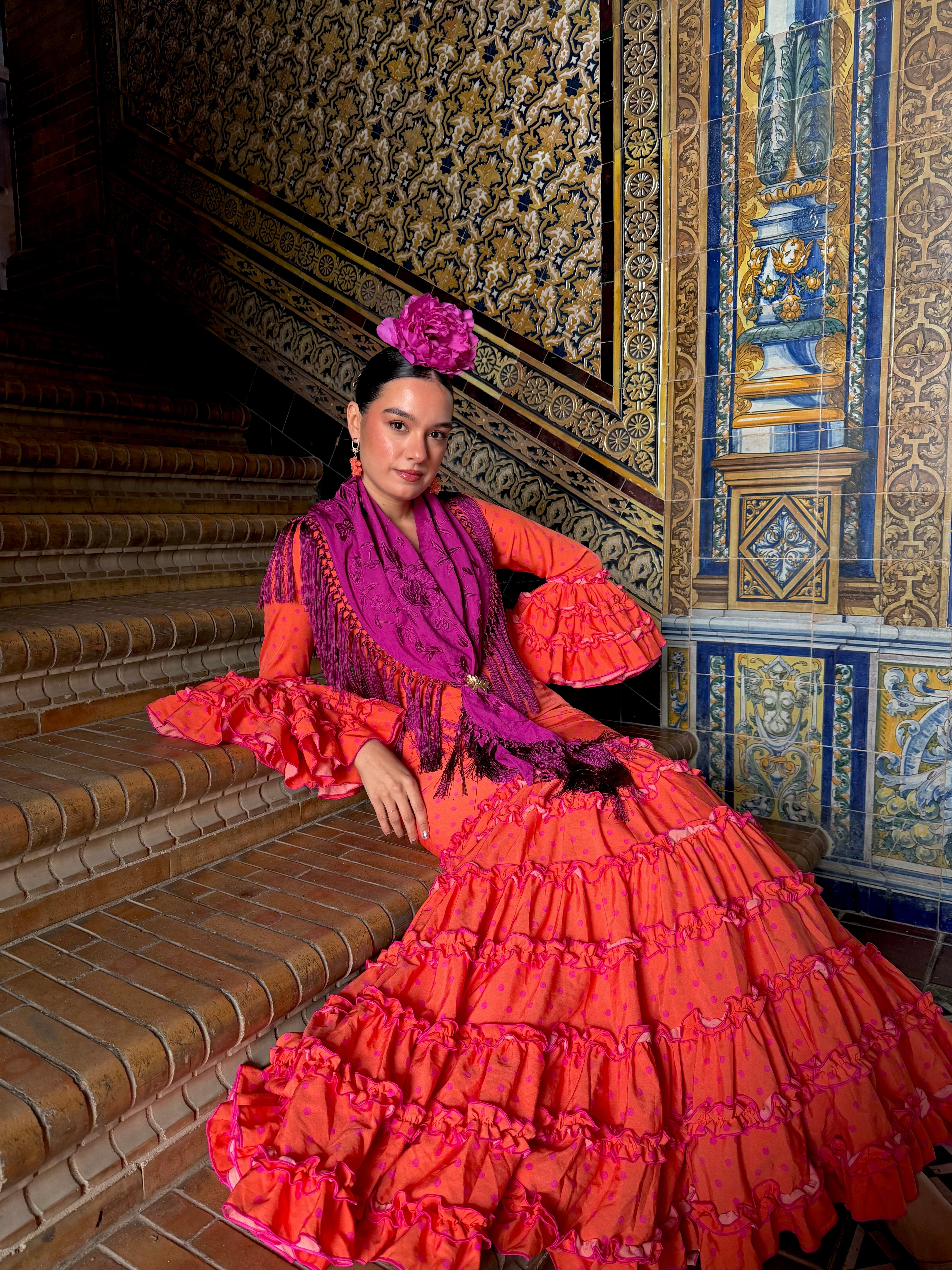 Traje de Flamenca Canastero Naranja Garrucha Lunar Buganvilla
