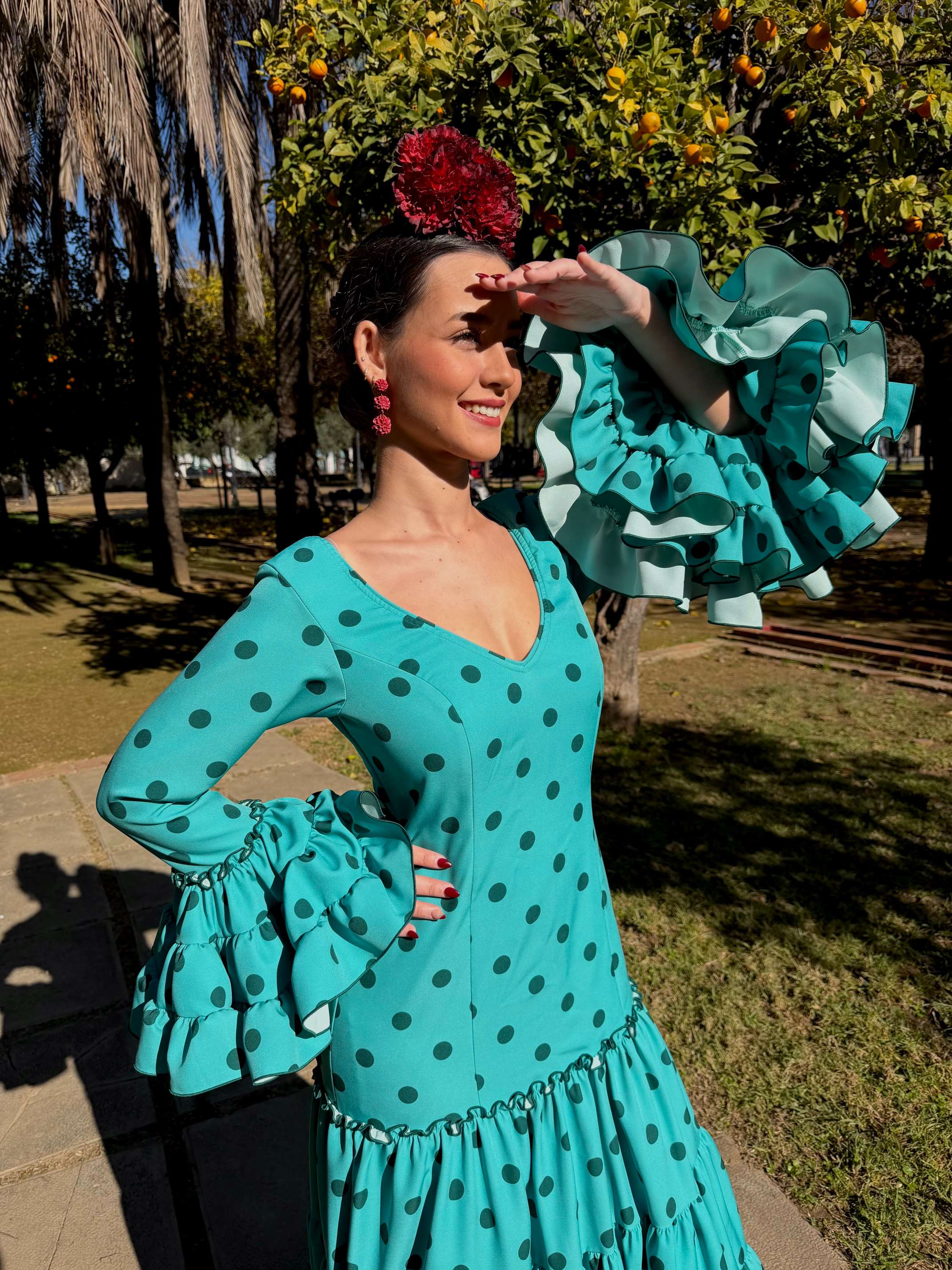 Traje flamenco agua marina con lunares