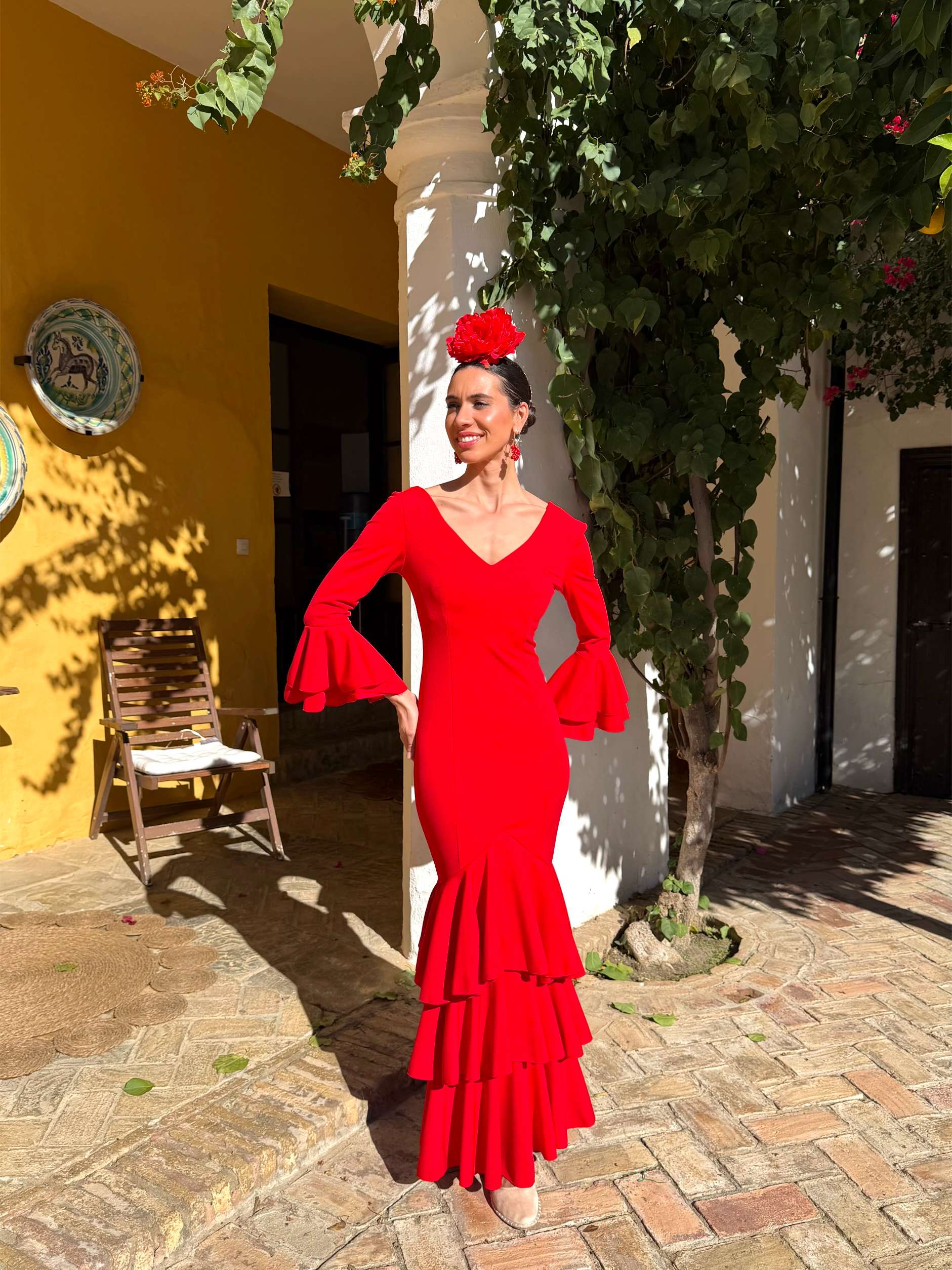 Traje de flamenca rojo económico volantes