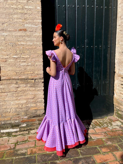 Detalles Bata Rociera Strech Malva con Lunar Naranja