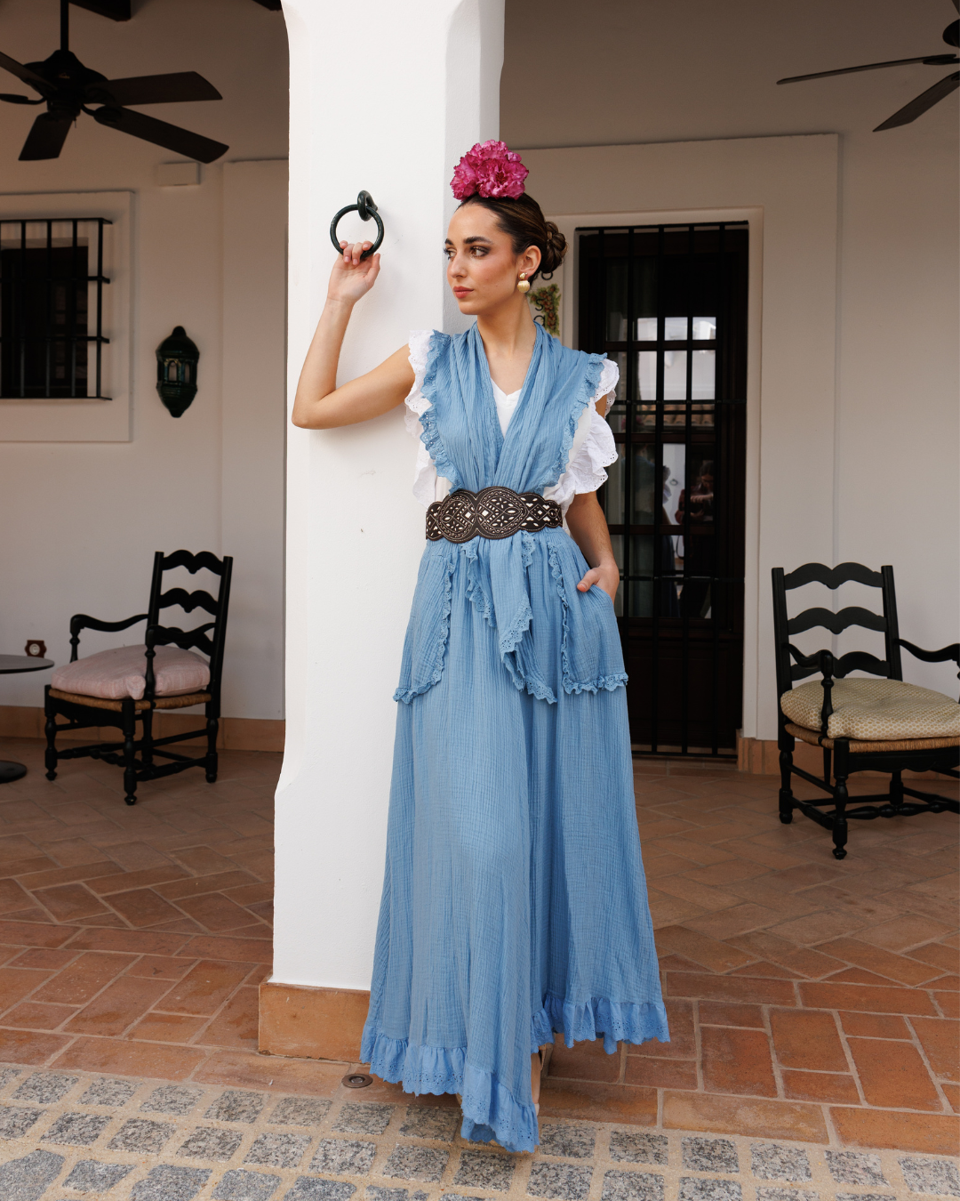 Conjunto de Romería de Falda y Piquillo  Bambula Tira Bordada Celeste