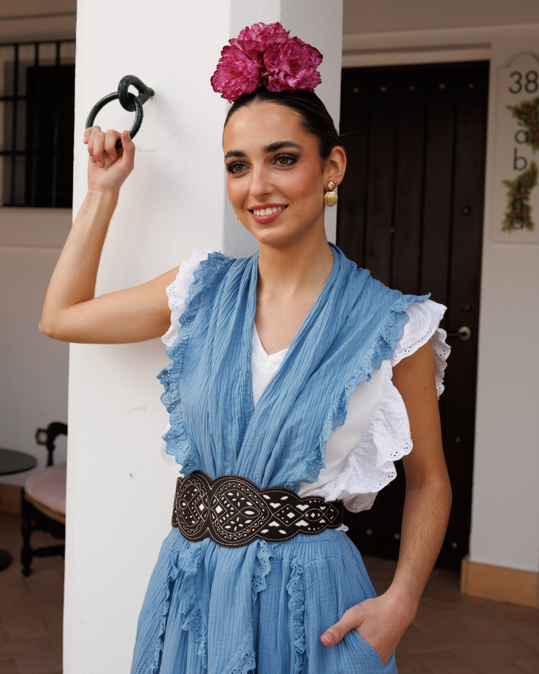 Conjunto de Romería de Falda y Piquillo  Bambula Tira Bordada Celeste