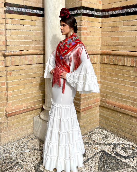 Traje Canastero de Flamenca Blanco Adorno Plisado