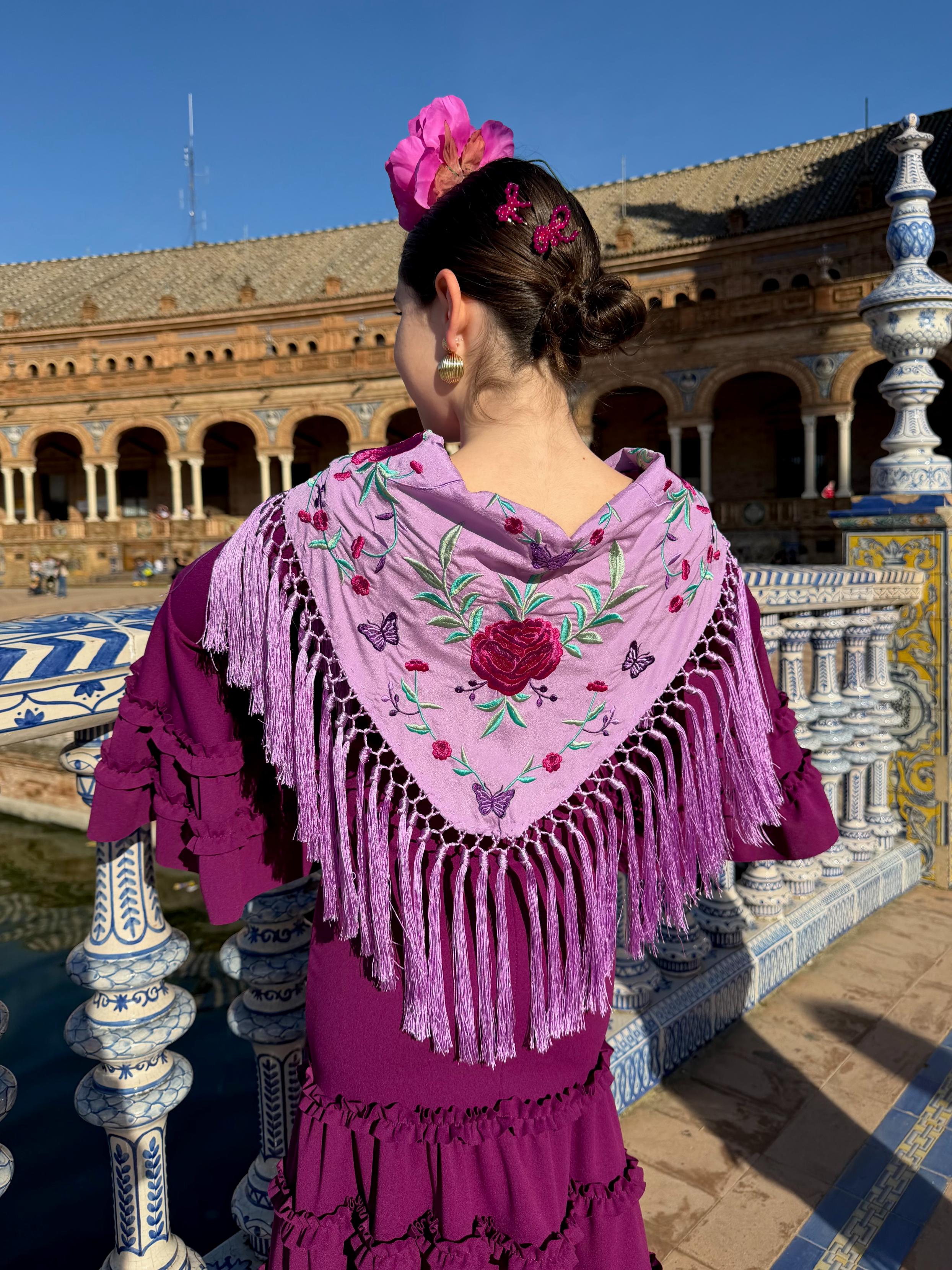 Mantoncillo de flamenca niña 'Koralti' Malva con Flores Buganvilla