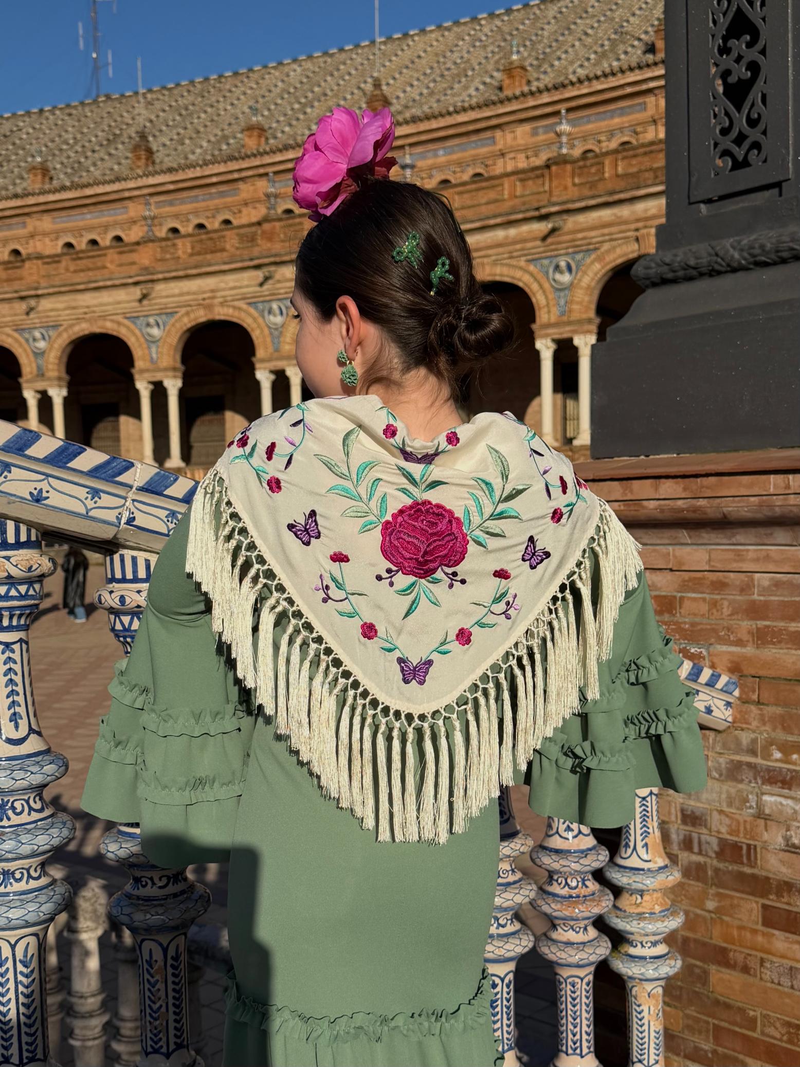 Mantoncillo de flamenca niña 'Koralti' Beige con Flores Buganvilla