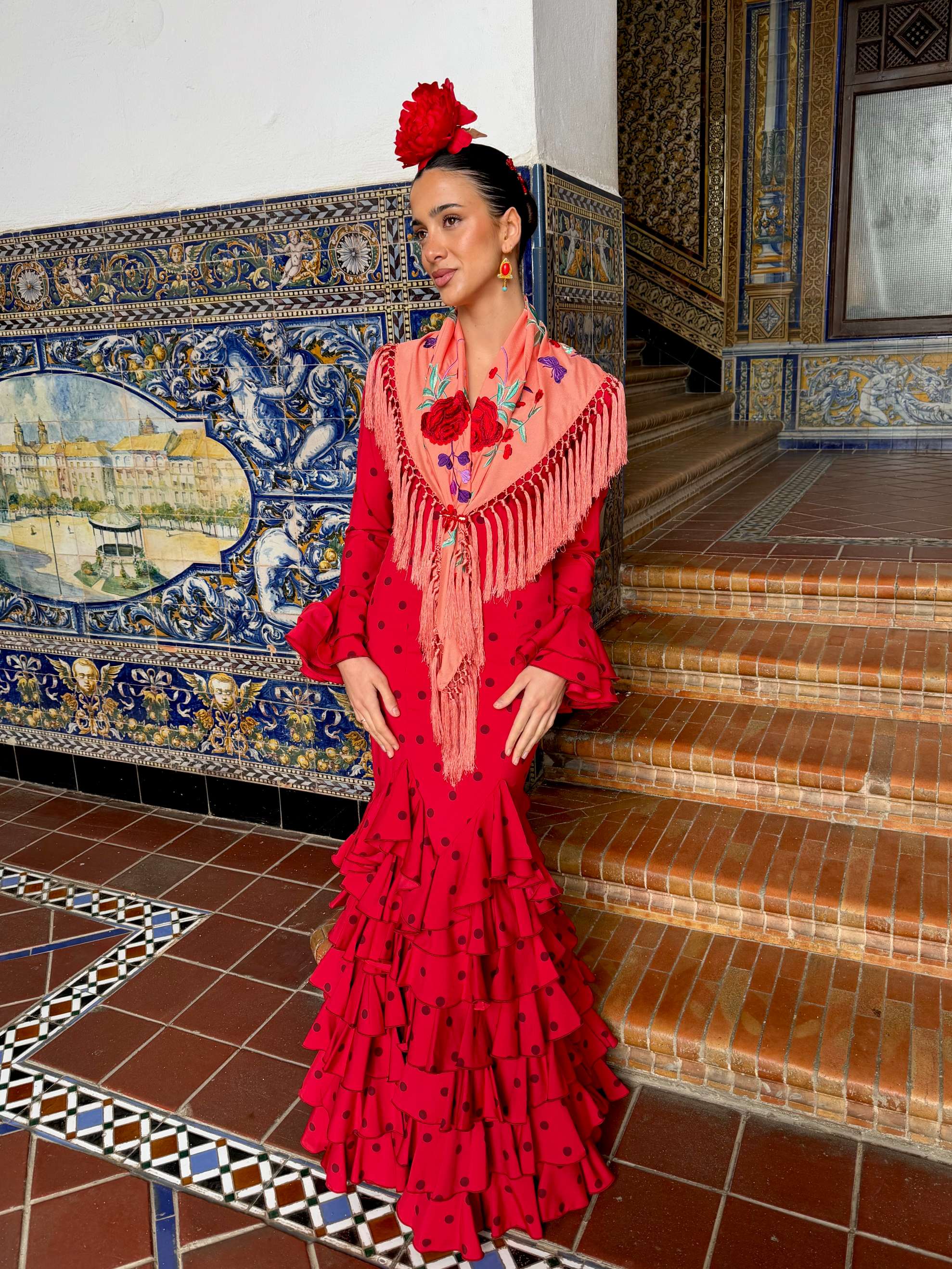 Traje de Flamenca Multivolantes Picos Rojo lunar burdeos