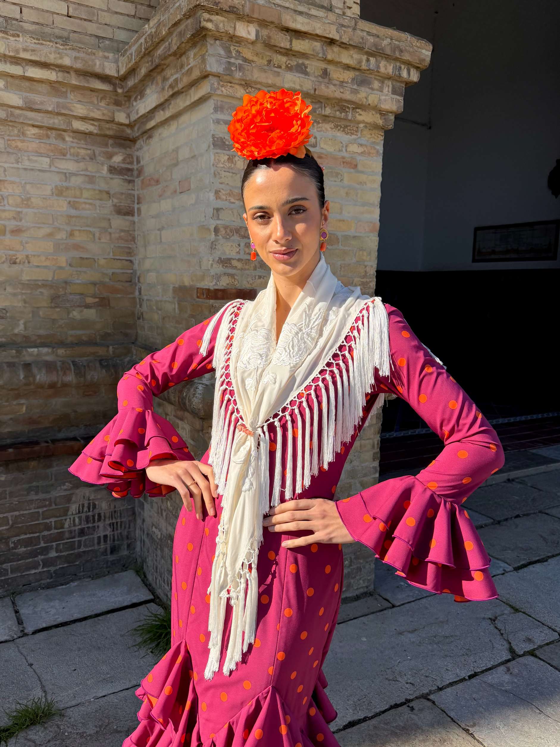Traje de Flamenca Multivolantes Picos Buganvilla lunar naranja