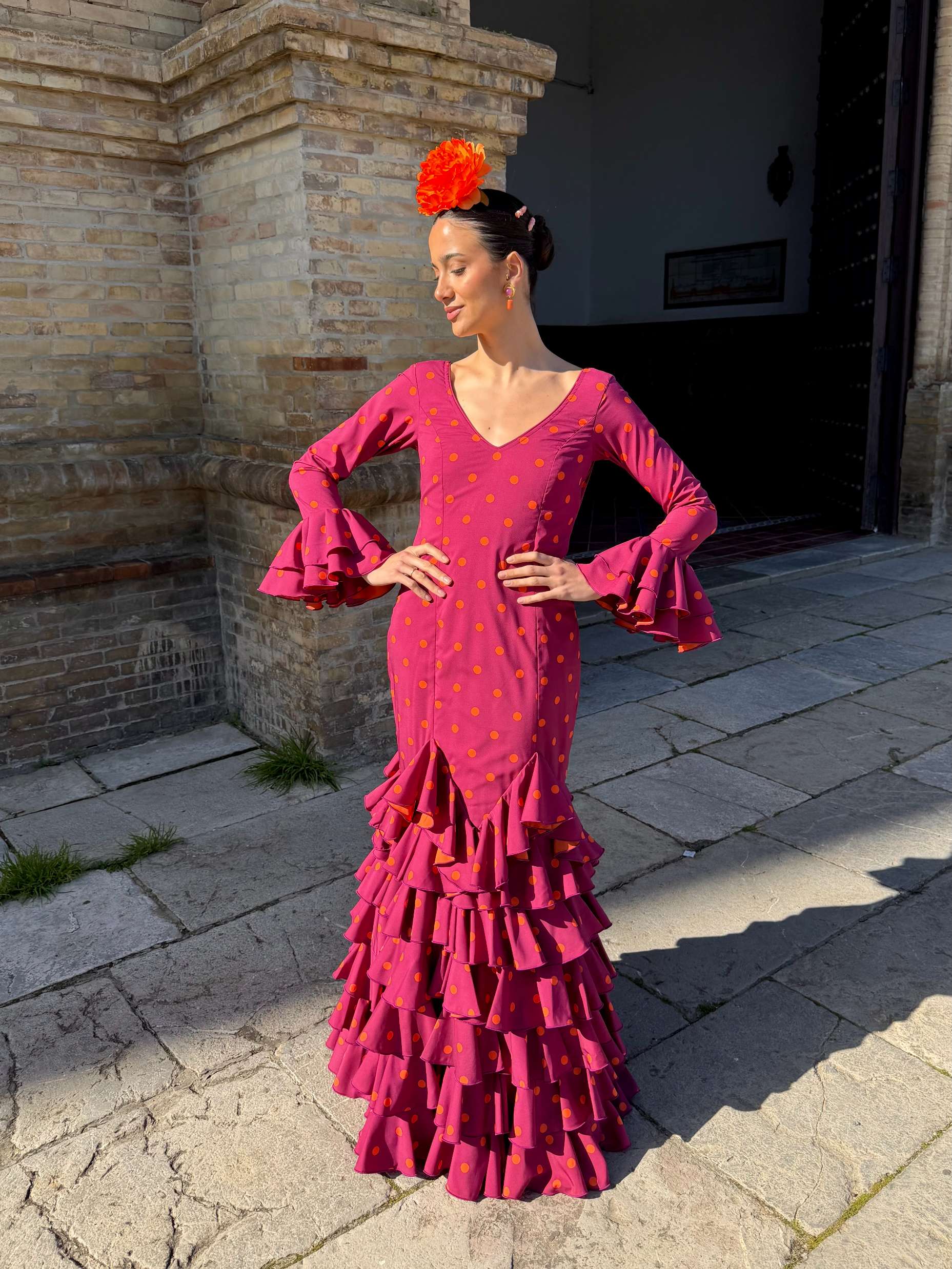 Traje de Flamenca Multivolantes Picos Buganvilla lunar naranja