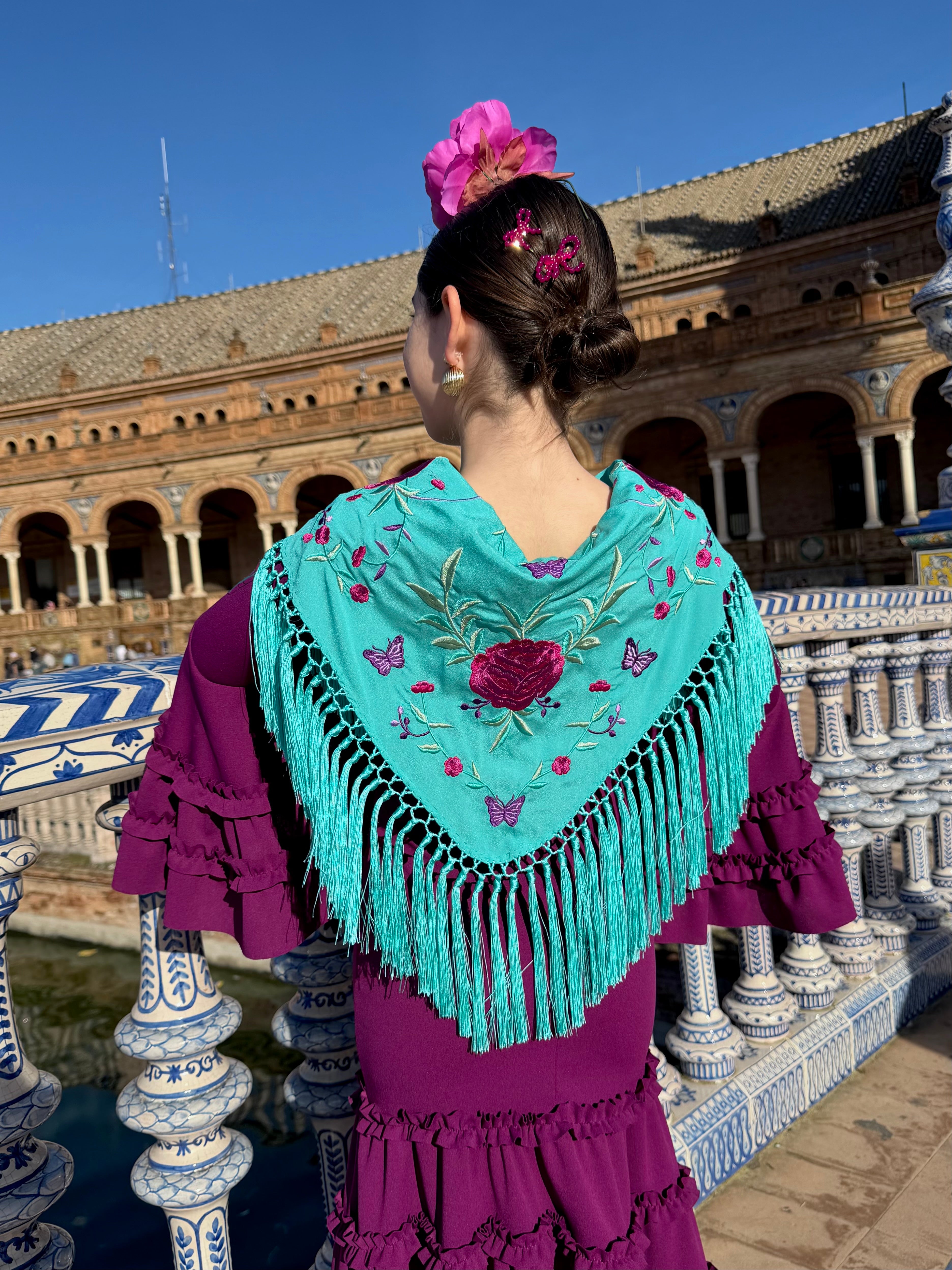 Mantoncillo de flamenca niña 'Koralti' Aguamarina con Flores Buganvilla