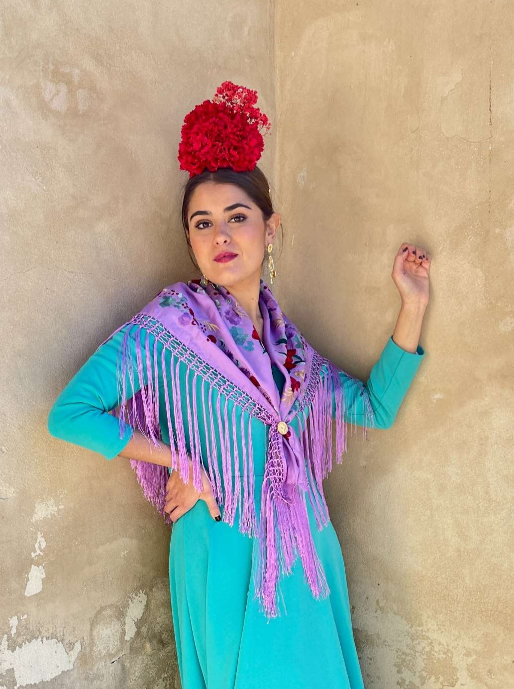 Mantoncillo de seda 'Deja que te mire' Flores Rojas Malva