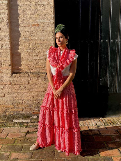 Conjunto de Falda y Piquillo de Romería Vichy con Lunares Rojo