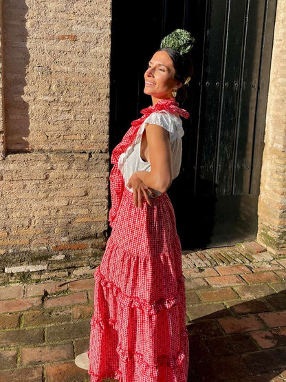 Conjunto de Falda y Piquillo de Romería Vichy con Lunares Rojo