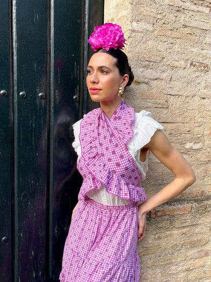 Conjunto de Falda y Piquillo de Romería Vichy con Lunares Buganvilla