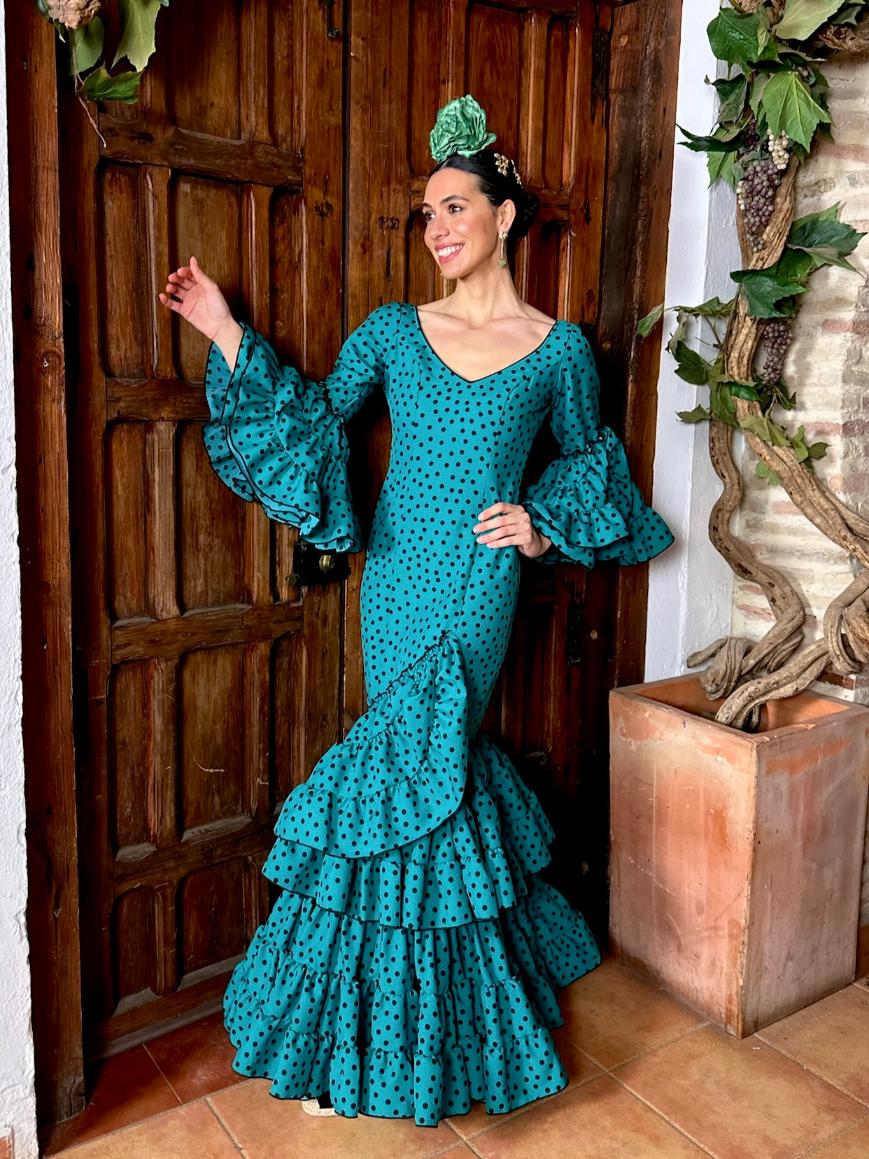 Traje de Flamenca Strech Subida Verde con Lunar Negro