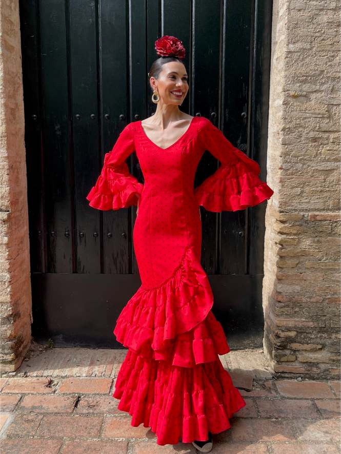 Traje de flamenca Strech Volante Subida Rojo Lunar Burdeos