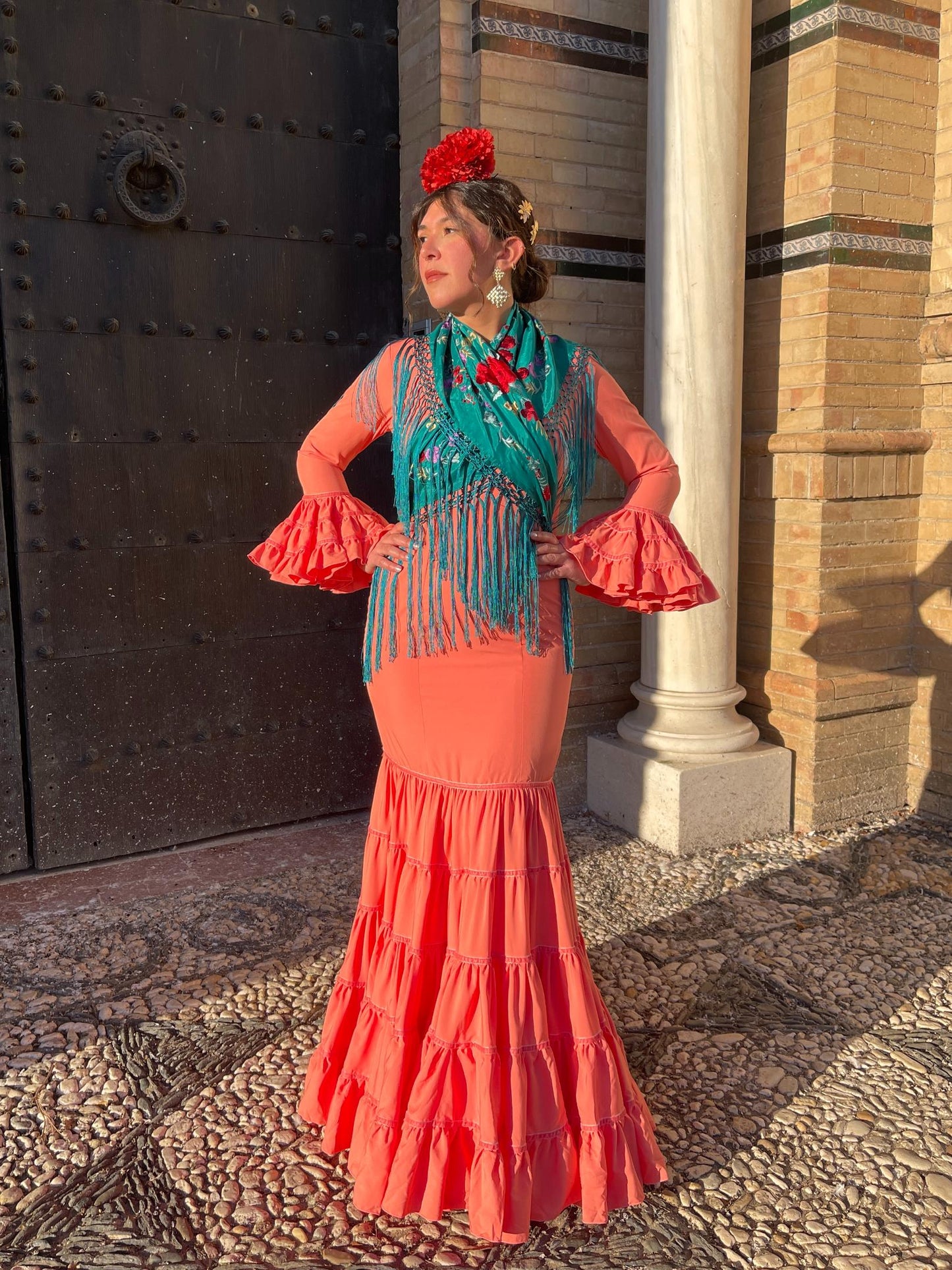 Traje Canastero de Flamenca Mandarina Adorno Terciopelo