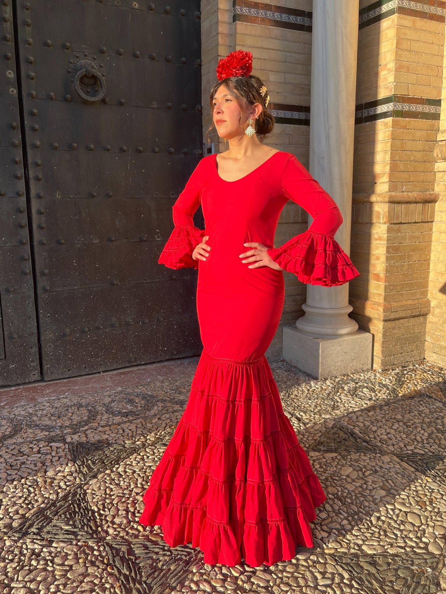 Traje Canastero de Flamenca Rojo Adorno Terciopelo