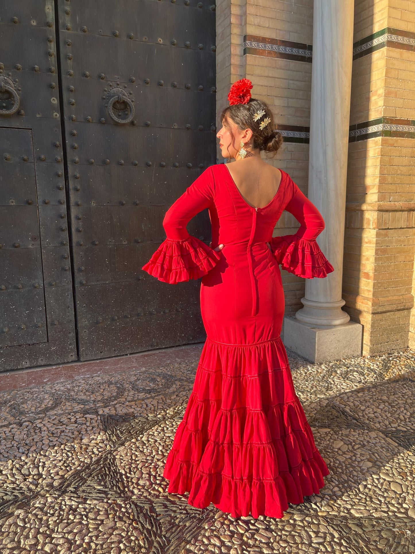 Traje Canastero de Flamenca Rojo Adorno Terciopelo