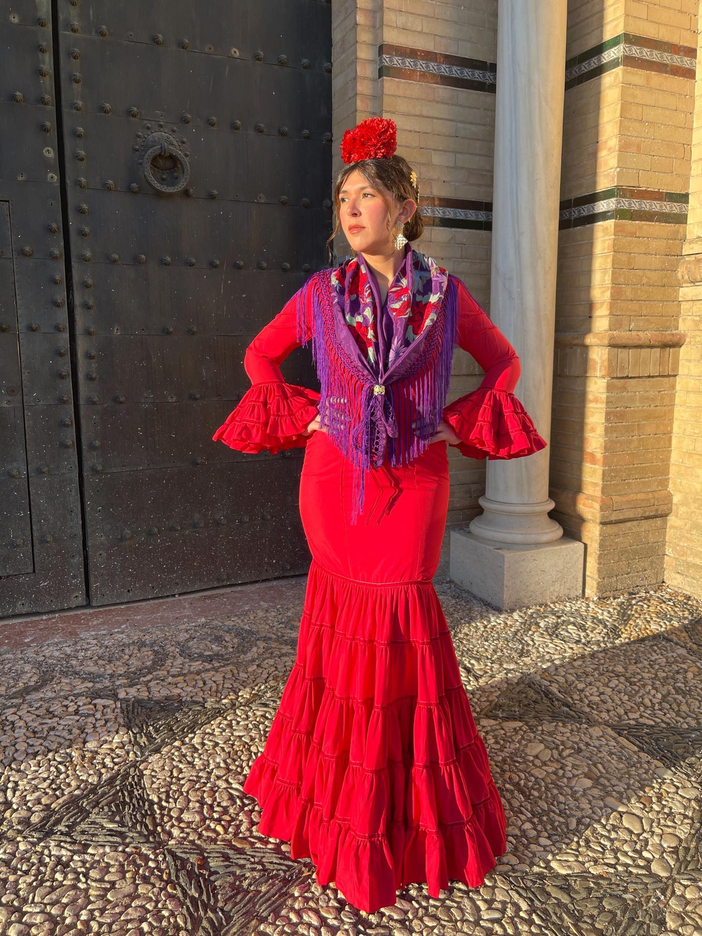 Traje Canastero de Flamenca Rojo Adorno Terciopelo