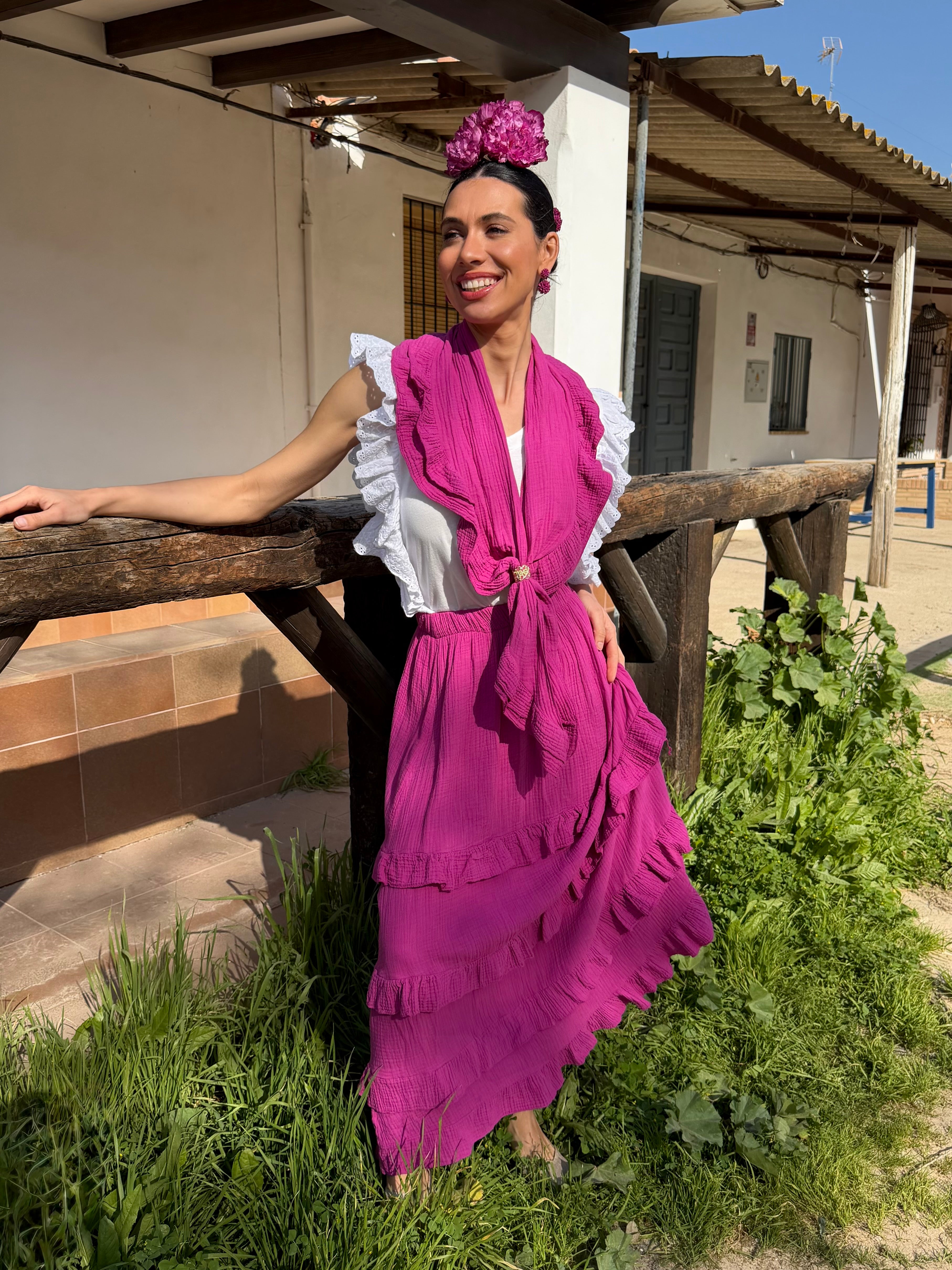 Conjunto de Romería de Falda y Piquillo Bambula Volantitos Buganvilla