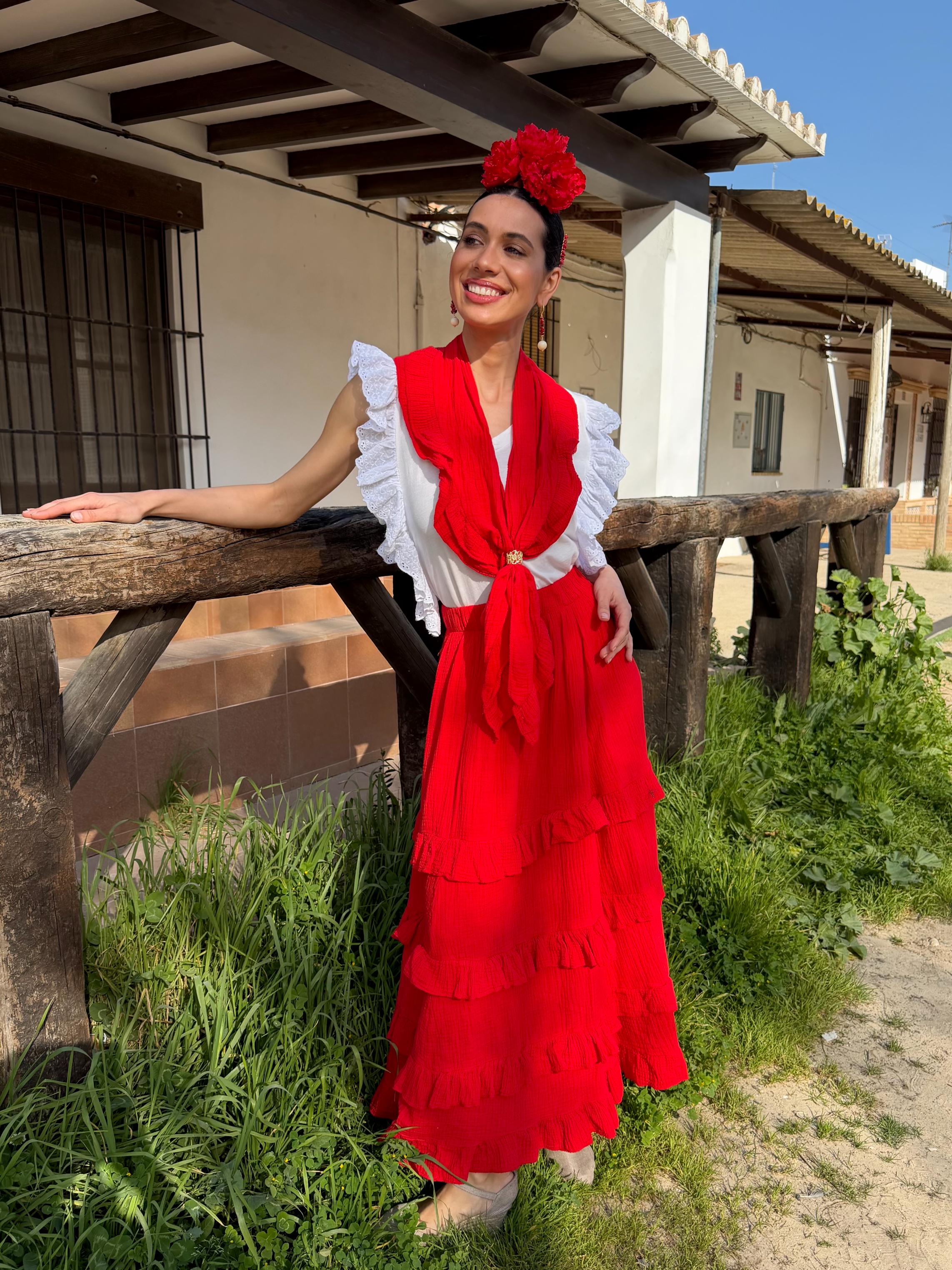 Conjunto de Romería de Falda y Piquillo Bambula Volantitos Rojo