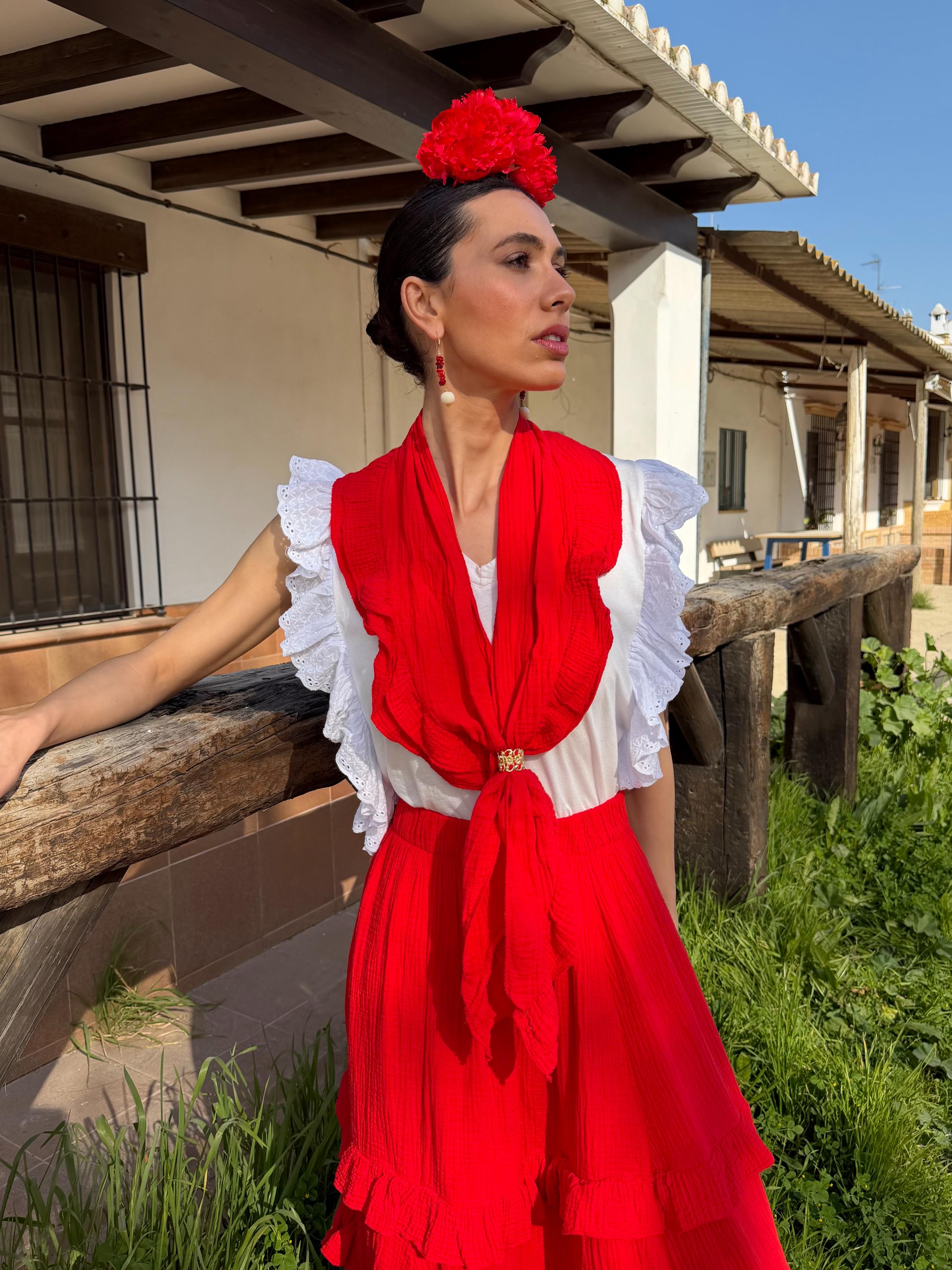 Conjunto de Romería de Falda y Piquillo Bambula Volantitos Rojo