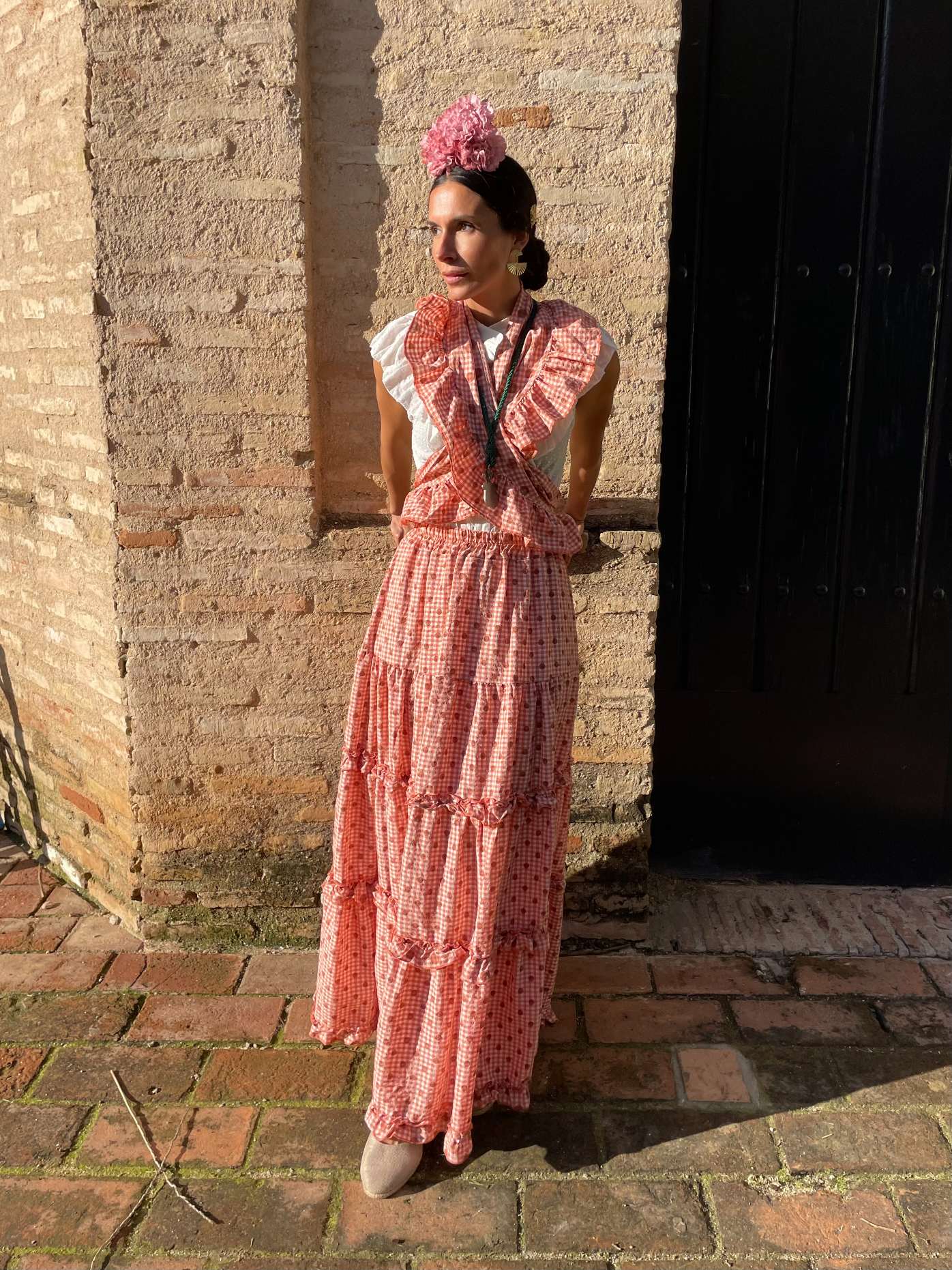 Conjunto de Falda y Piquillo de Romería Vichy con Lunares Naranja
