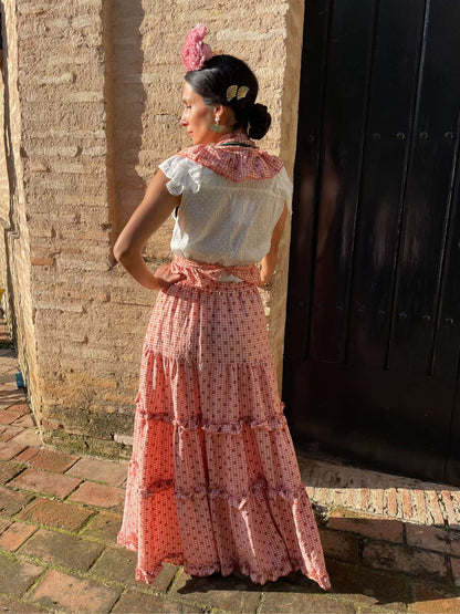 Conjunto de Falda y Piquillo de Romería Vichy con Lunares Naranja