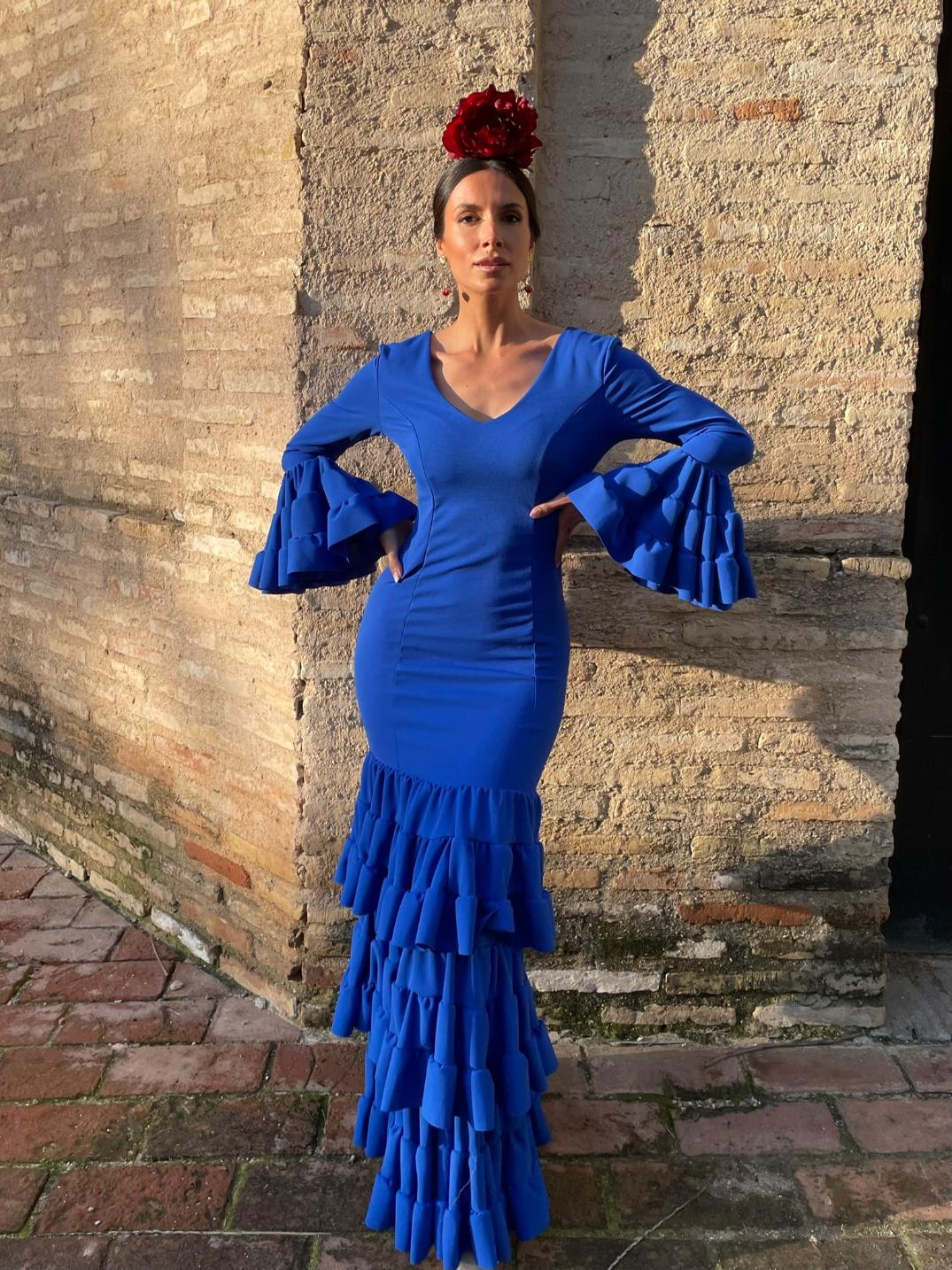 Traje Flamenca Low Cost 3 Volantes Canasteros Azul