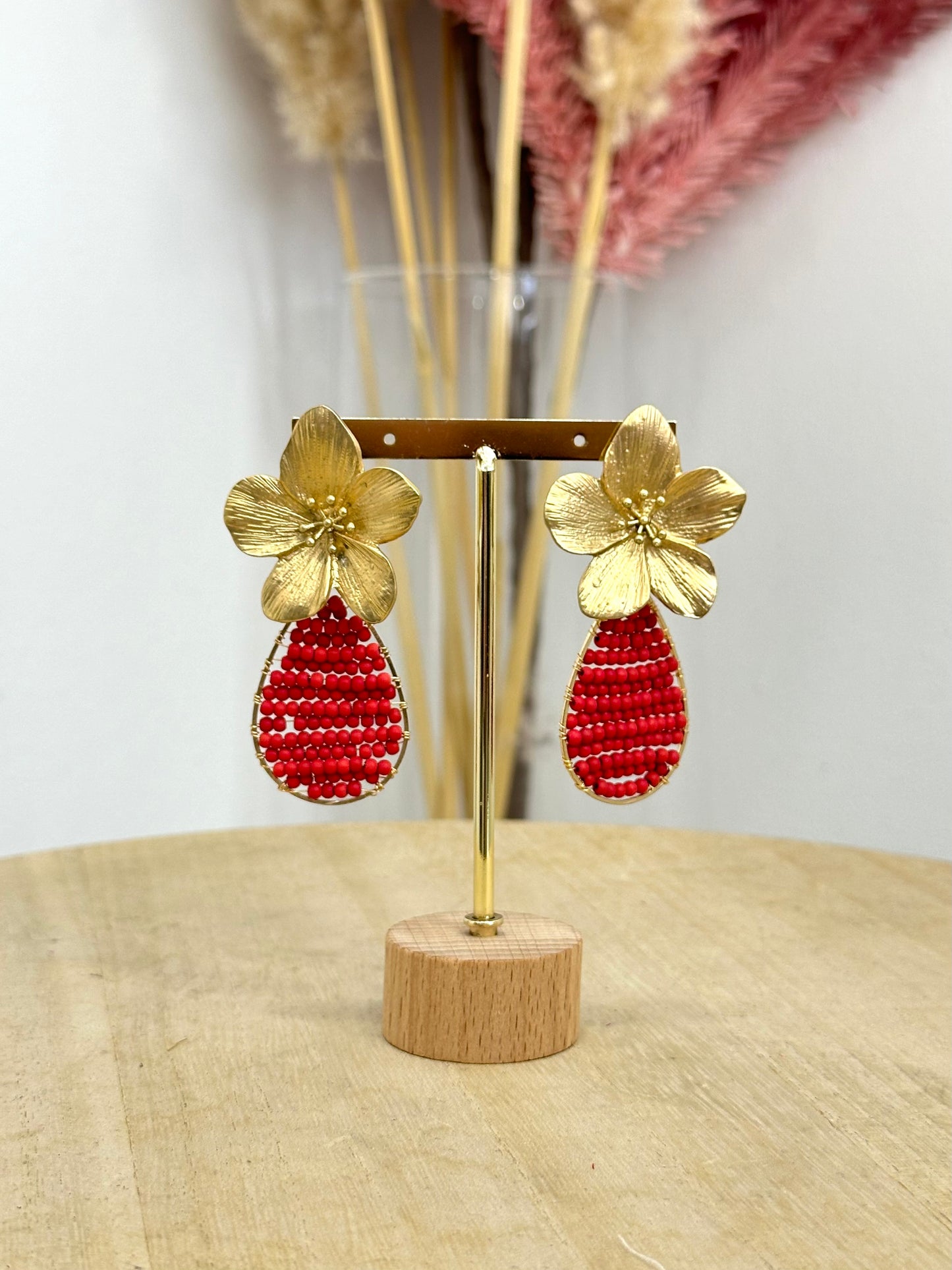 Pendientes Flor Abalorios Rojos