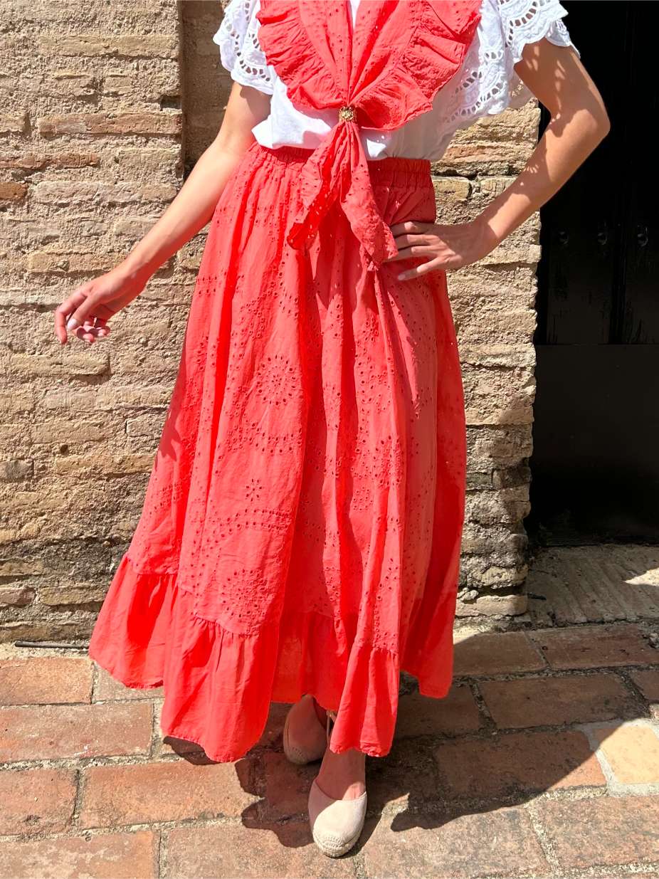 Falda de Romería Perforada Coral