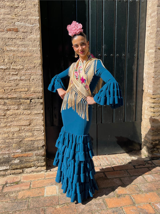 Traje Flamenca Low Cost 3 Volantes Canasteros Petróleo