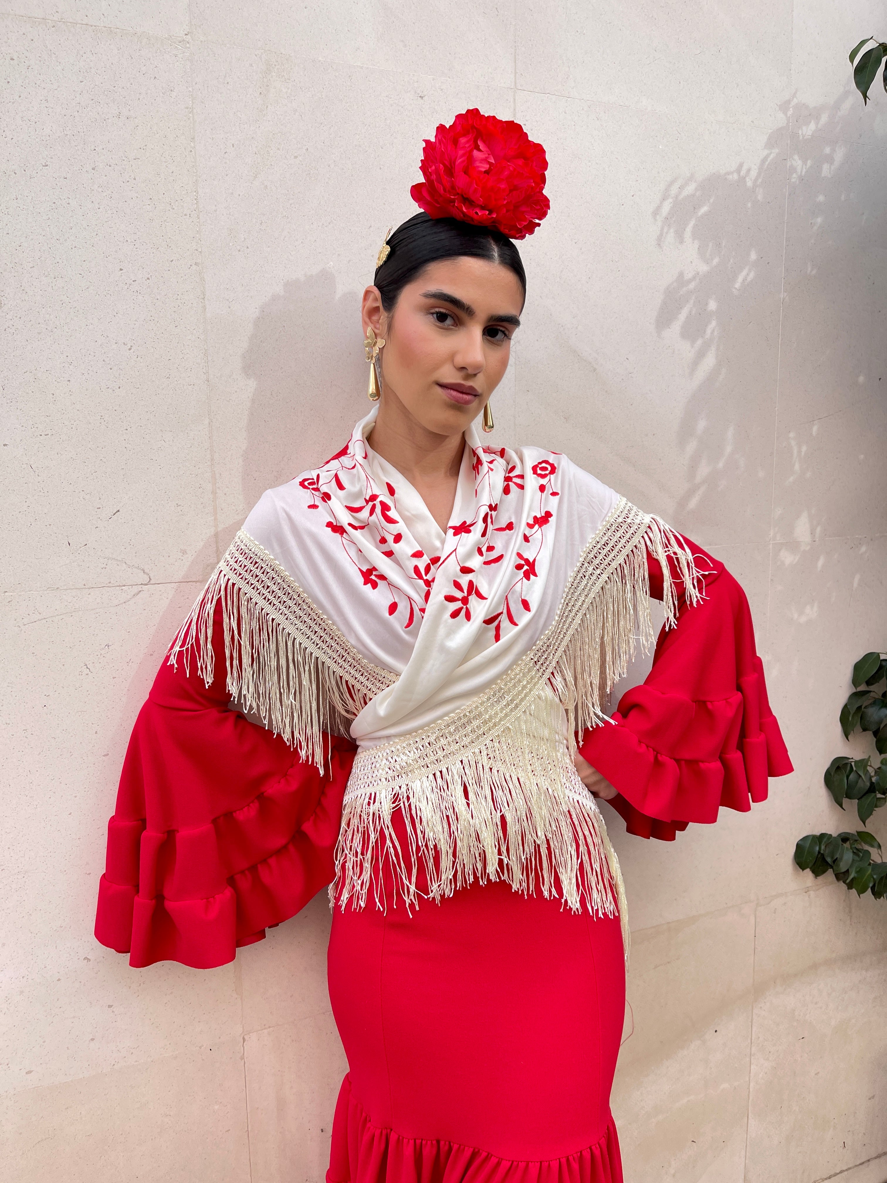 Mantón Bordado Beige Flores Rojas