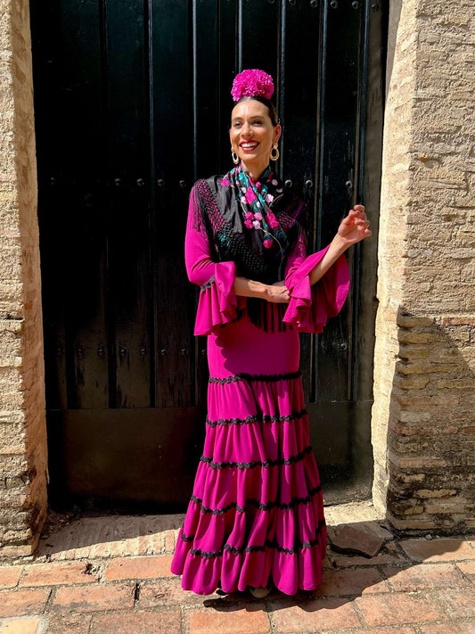 Traje Flamenca Canastero Buganvilla Adorno Piquillo Negro