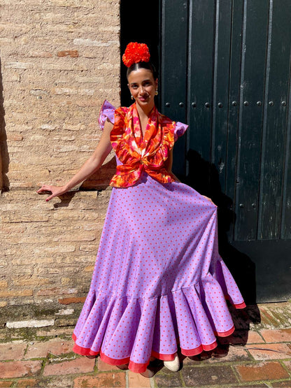 Look Bata Rociera Strech Malva con Lunar Naranja