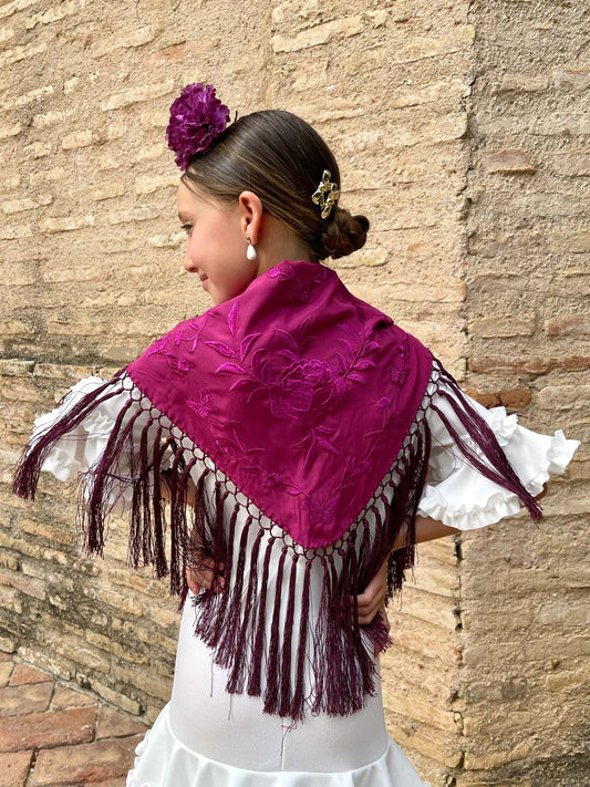 Mantoncillo 'Koralti' de niña flecado en seda Frambuesa Monocolor