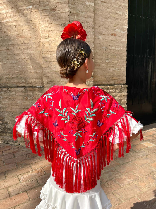 Mantoncillo 'Koralti' de niña flecado en seda Rojo flores Rojas