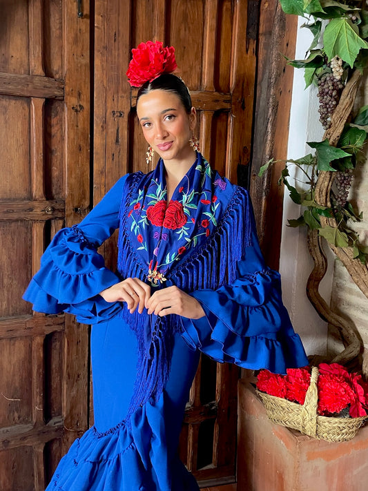 Mantoncillo 'Koralti' flecado en seda Azul Eléctrico con Flores Rojas