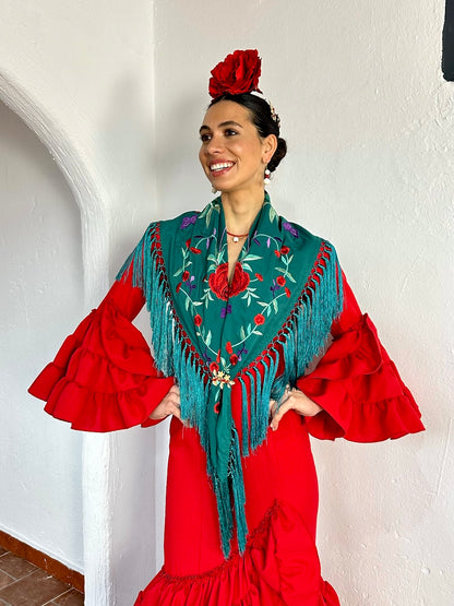 Mantoncillo 'Koralti' flecado en seda Verde Esmeralda con Flores Rojas