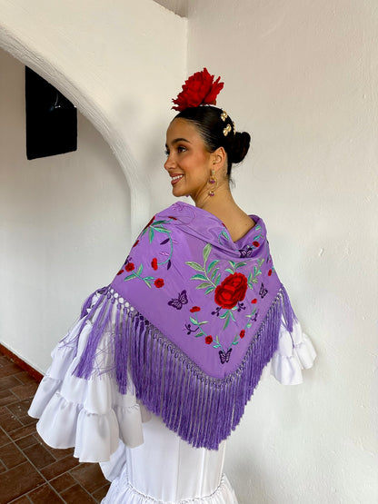 Mantoncillo flecado en seda Malva con Flores Rojas