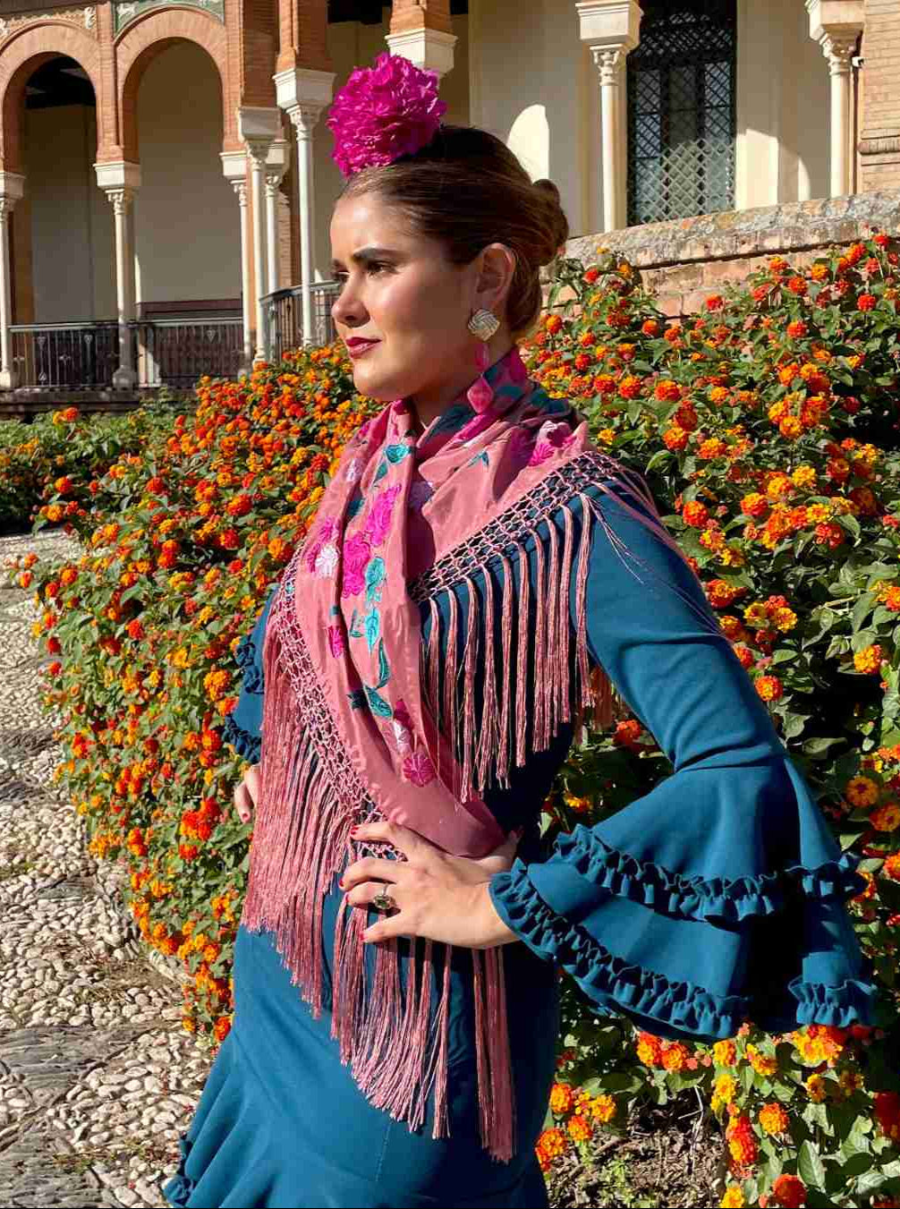 Mantoncillo de Seda 'Flor de Triana' Rosa Maquillaje
