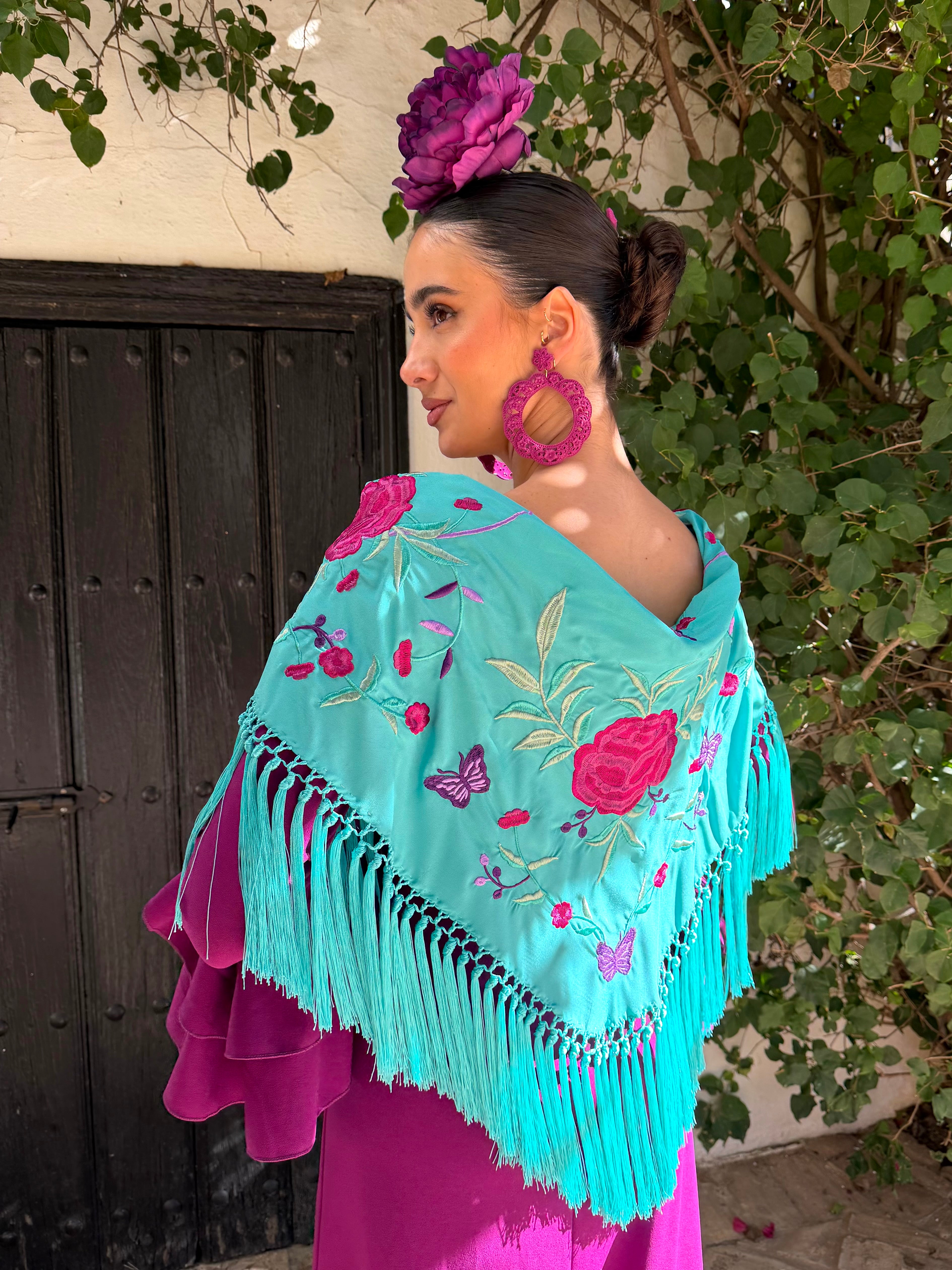 Mantoncillo de flamenca 'Koralti' Aguamarina con Flores Buganvilla