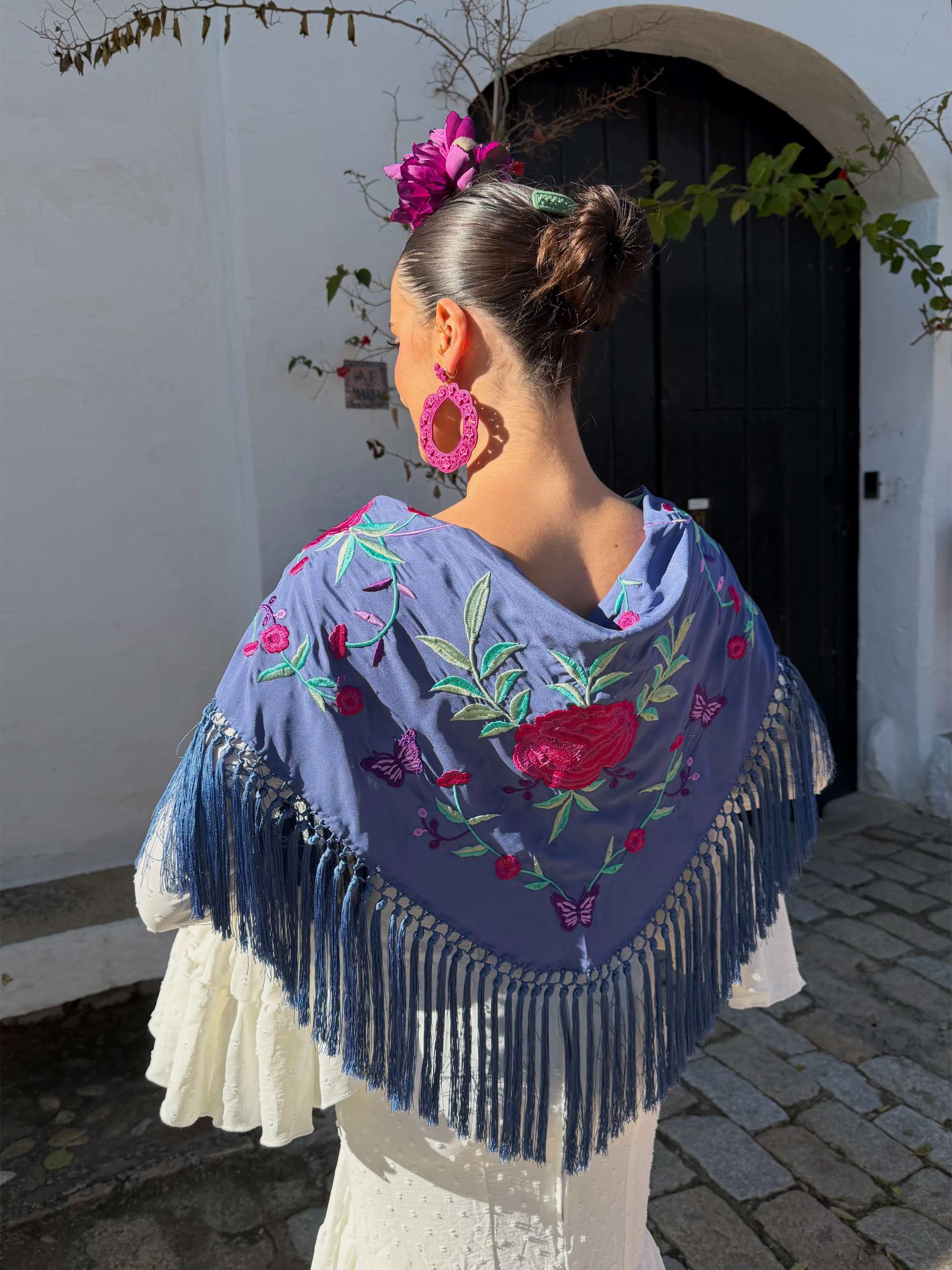 Mantoncillo de flamenca 'Koralti' Azul Ducado con Flores Buganvilla