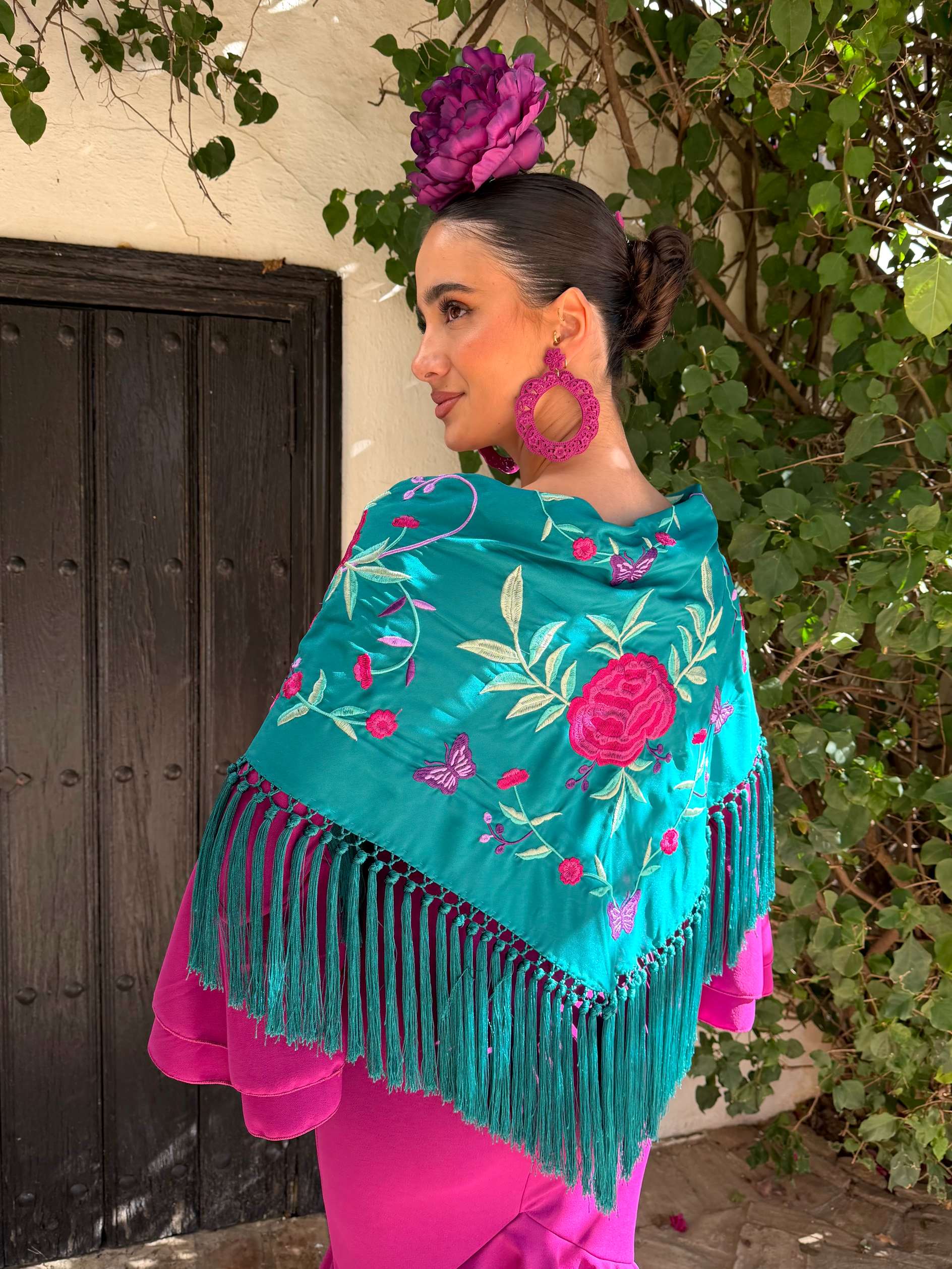 Mantoncillo de flamenca 'Koralti' Verde Esmeralda con Flores Buganvilla