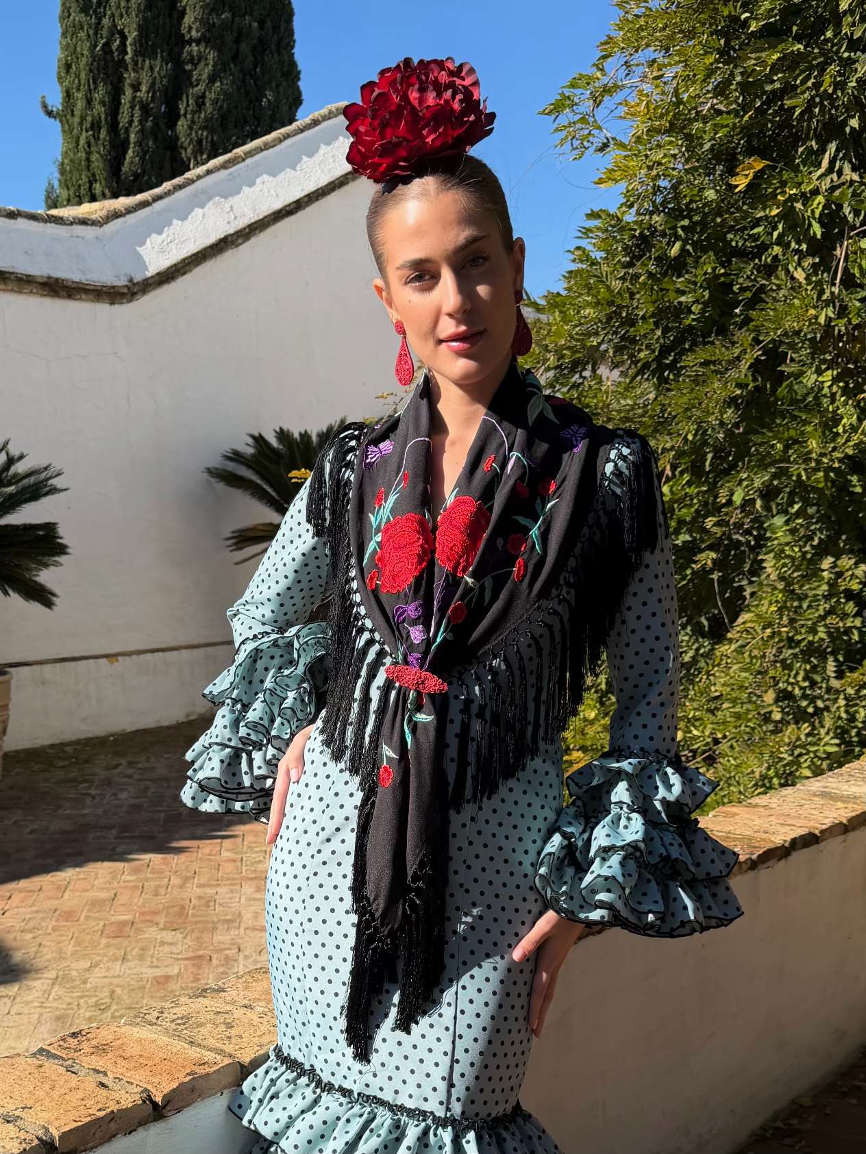 Mantoncillo de flamenca Negro Flores Rojas