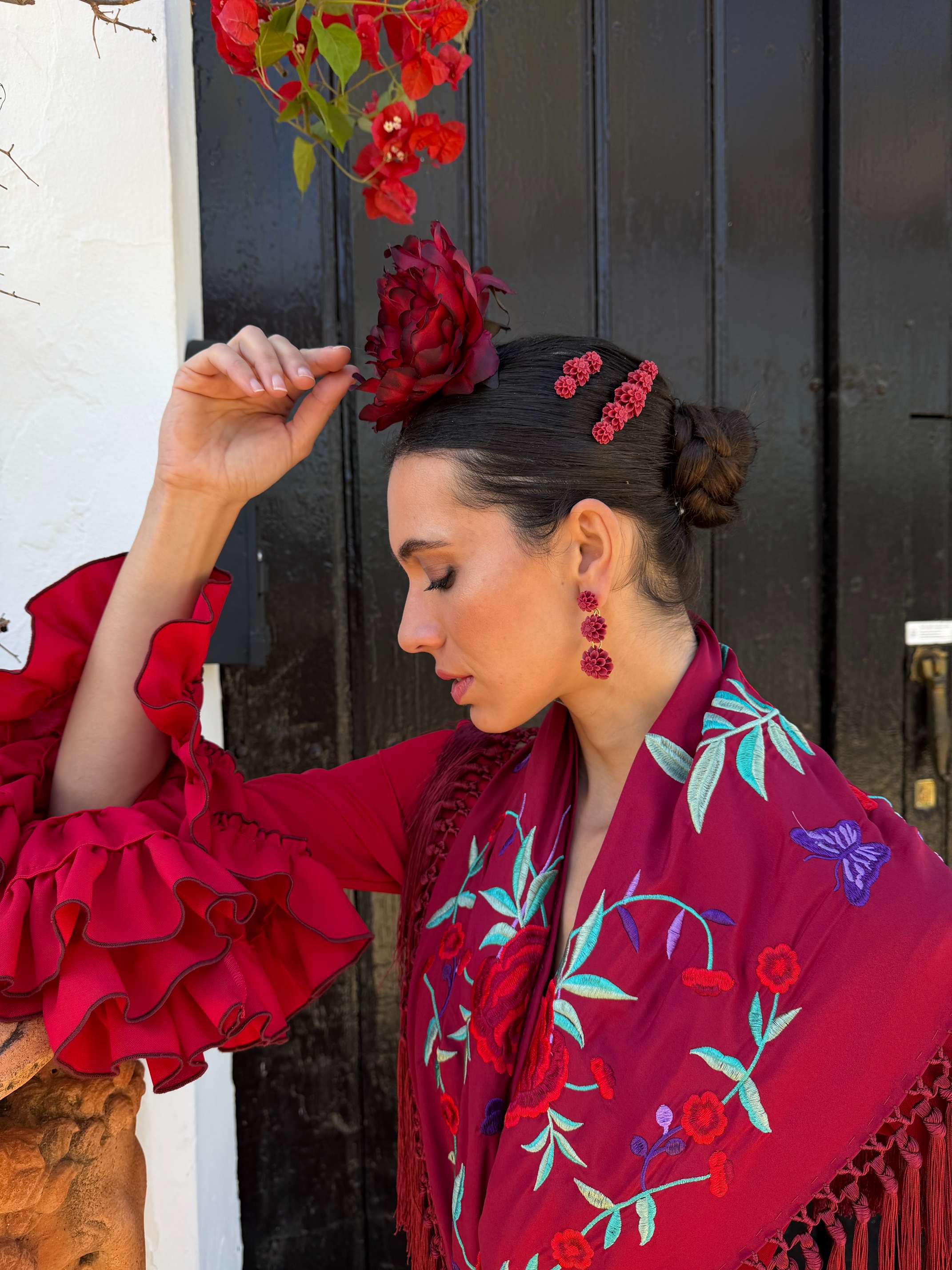 Pendientes de flamenca dorado tres Flores de Acetato burdeos