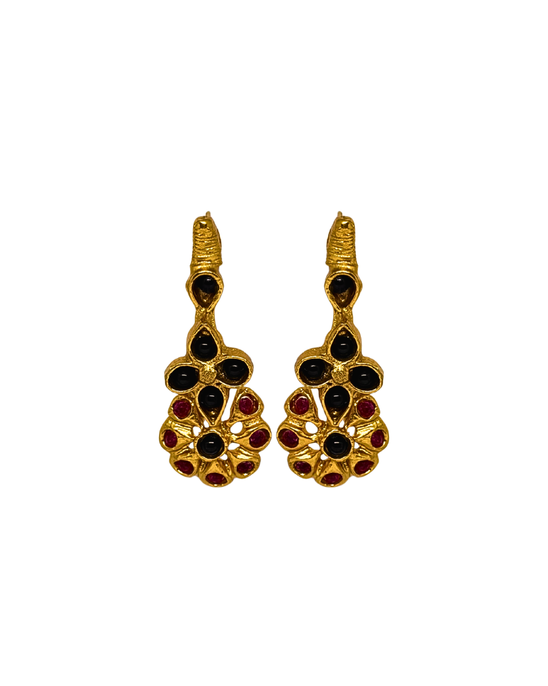 Pendientes  Rosetón Onix y Piedras Rojas