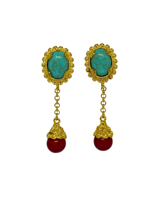 Pendientes de flamenca dorado cadenas turquesa y rojo