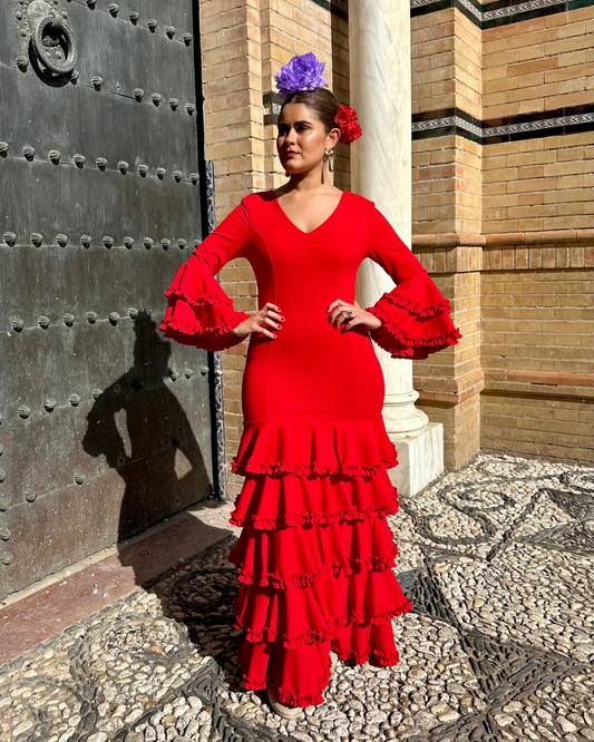 Traje Cinco Volantes plisado de flamenca rojo